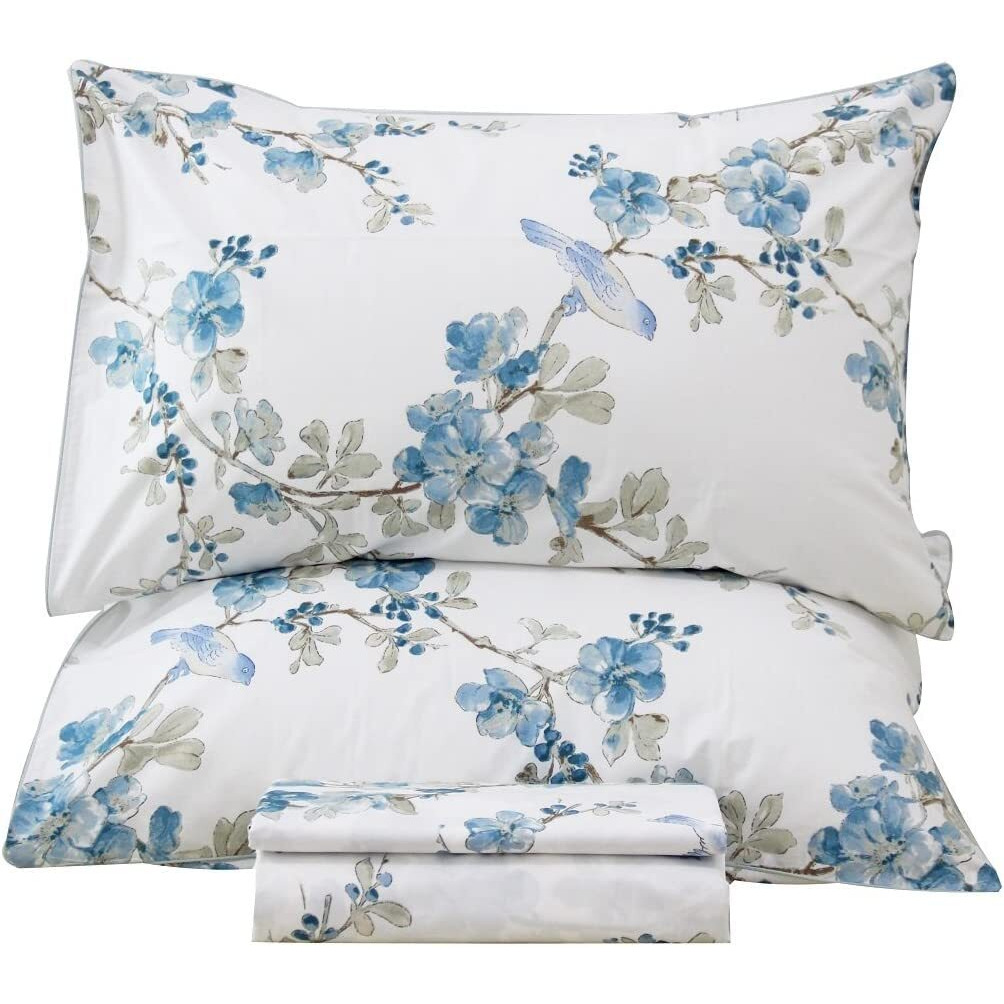 Qsh Floral King Size Sheet Sets - Elegant Bird Tree Branch Blossom Printed Bedding 100% Egyptian Cotton Sheets King Size Bed Extra Soft And Breathable 17.5"" Extra Deep Pocket King Size Sheets 4Pcs