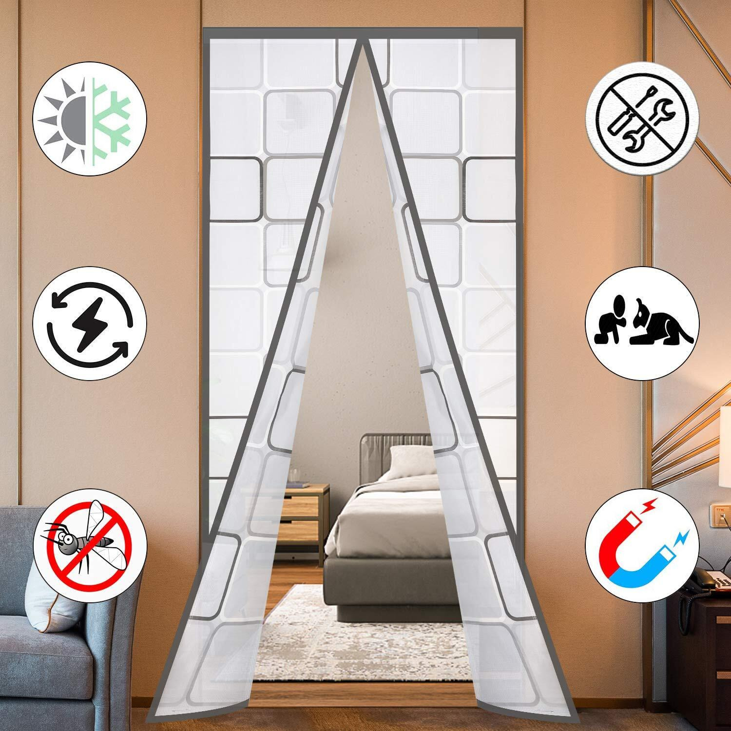 Insulated Door Curtain, Thermal Magnetic Self-Sealing Eva Door Screen, Keep Cold Out Door Cover Auto Closer For Kitchen, Bedroom, Air Conditioner Room,Hands Free, Fits Doors Up To 38"" X 82"", Grey