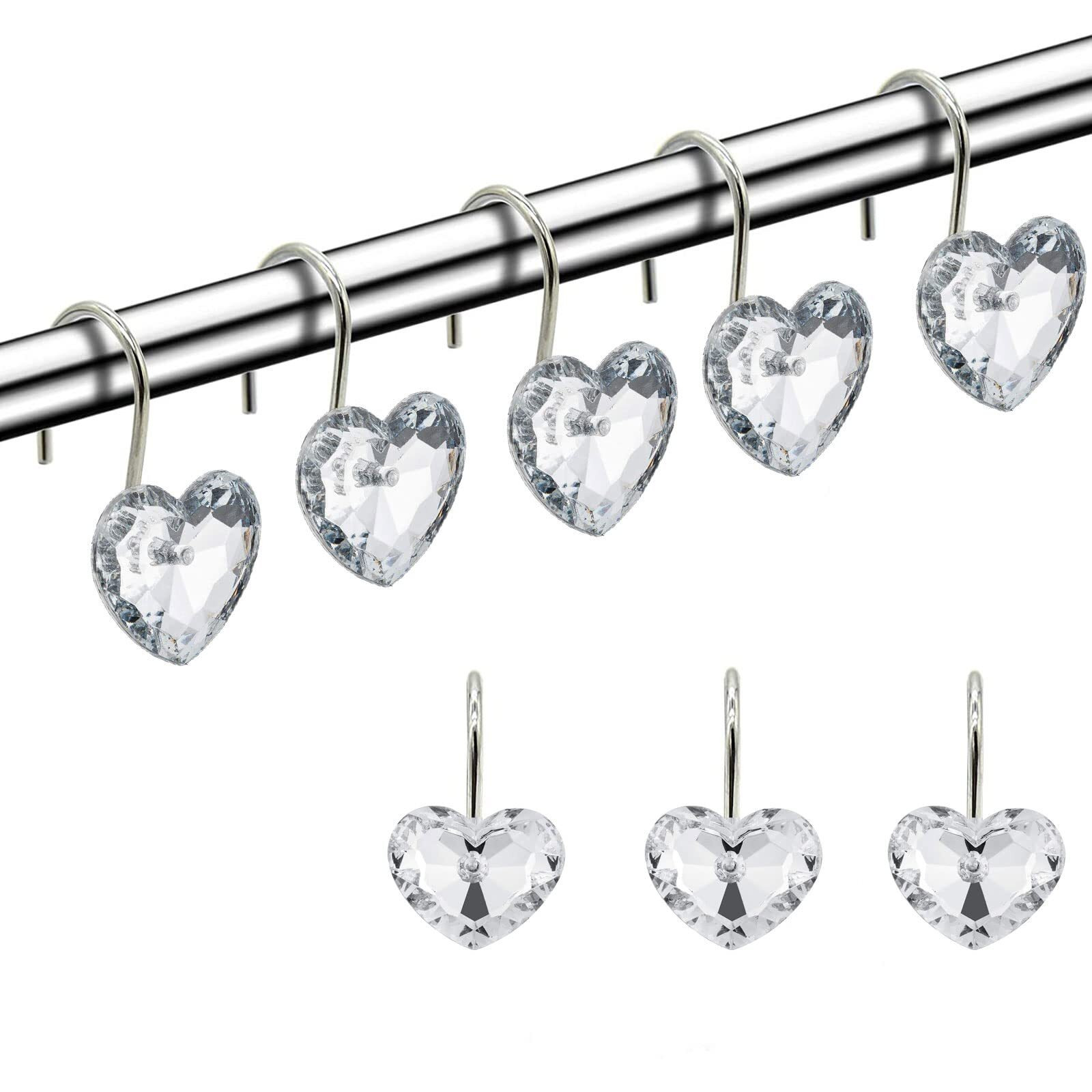 Actpe Decorative Crystal Heart Shape Shower Curtain Hooks Rust Resistant Hooks Glide Shower Ring Hangs Holder Bling For Bathroom, Pack Of 12