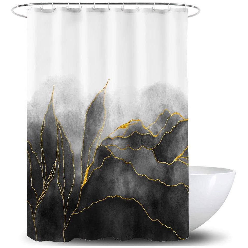 De-Mediocre Black And Gold Shower Curtain Stylish Ombre Black Marble Bath Art Decor Curtains Abstract White Golden Leaves Fabric Curtains For Bathroom Waterproof Polyester 72 X 72 Inches