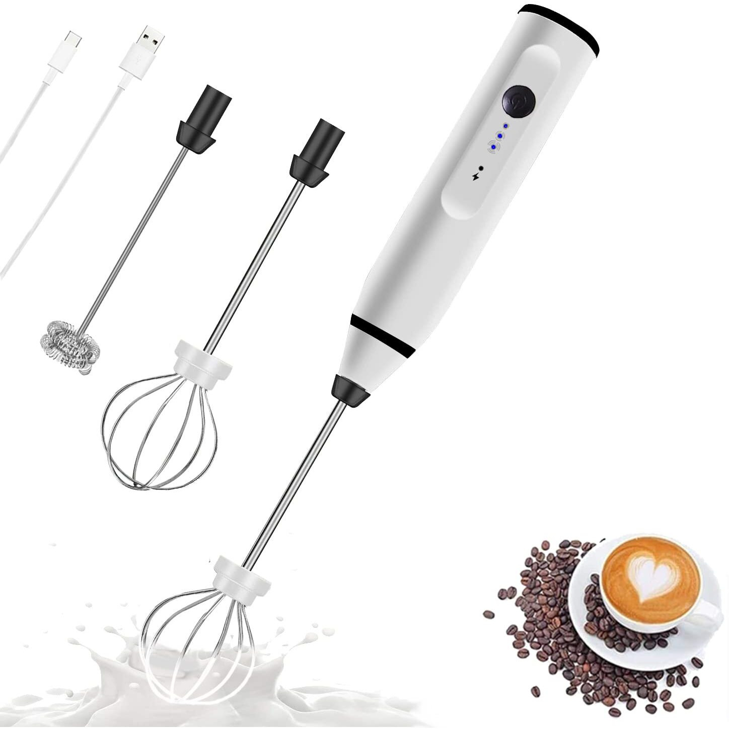 Rechargeable Milk Frother Handheld Electric Foam Maker With 2 Stainless Whisks, 3-Speed Adjustable Mini Blender Perfect For Bulletproof Coffee,Egg Mix, Latte Coffee Cappuccino, Hot Chocolate Matcha