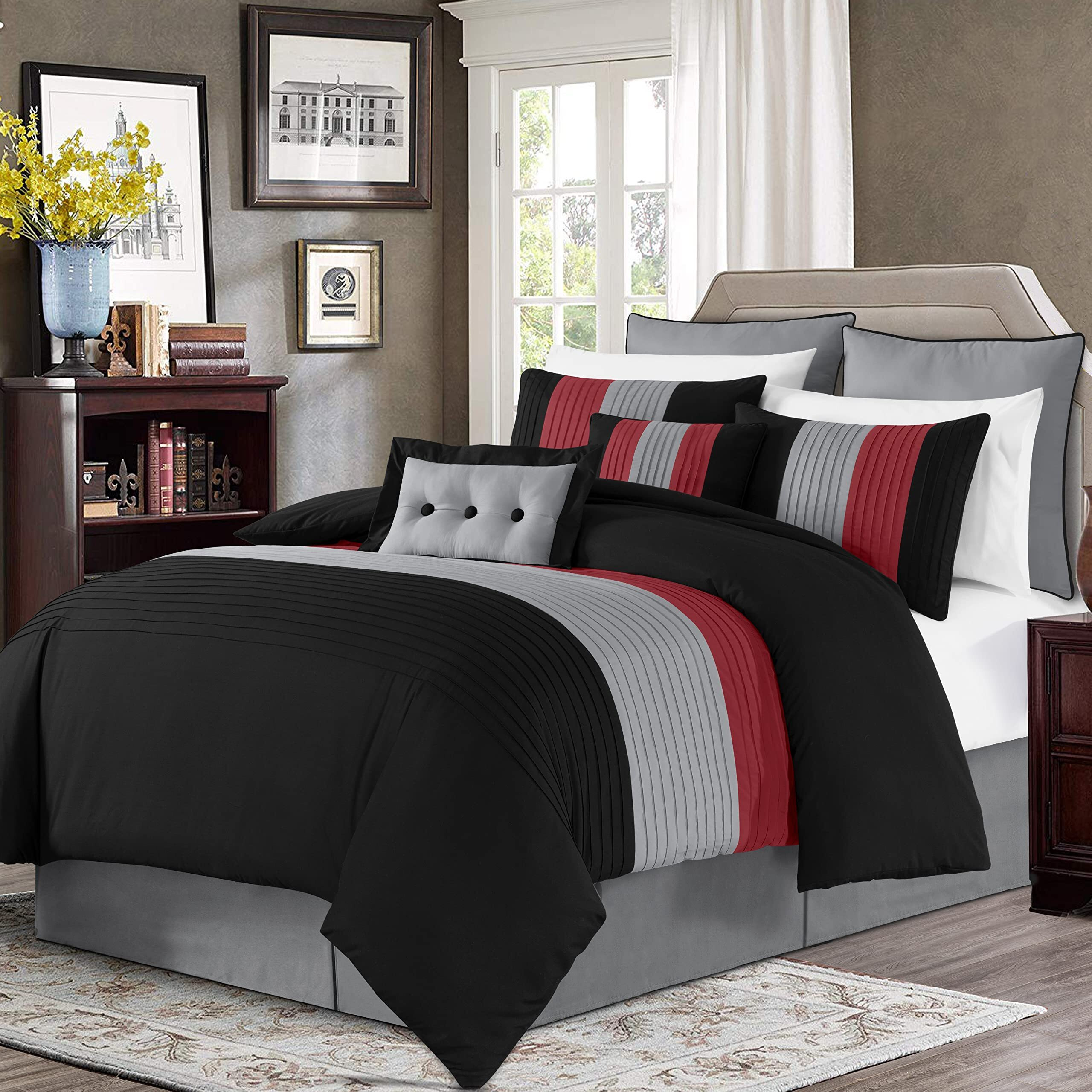 Chezmoi Collection Loft 8-Piece Luxury Striped Comforter Set (King, Red/Black/Gray)