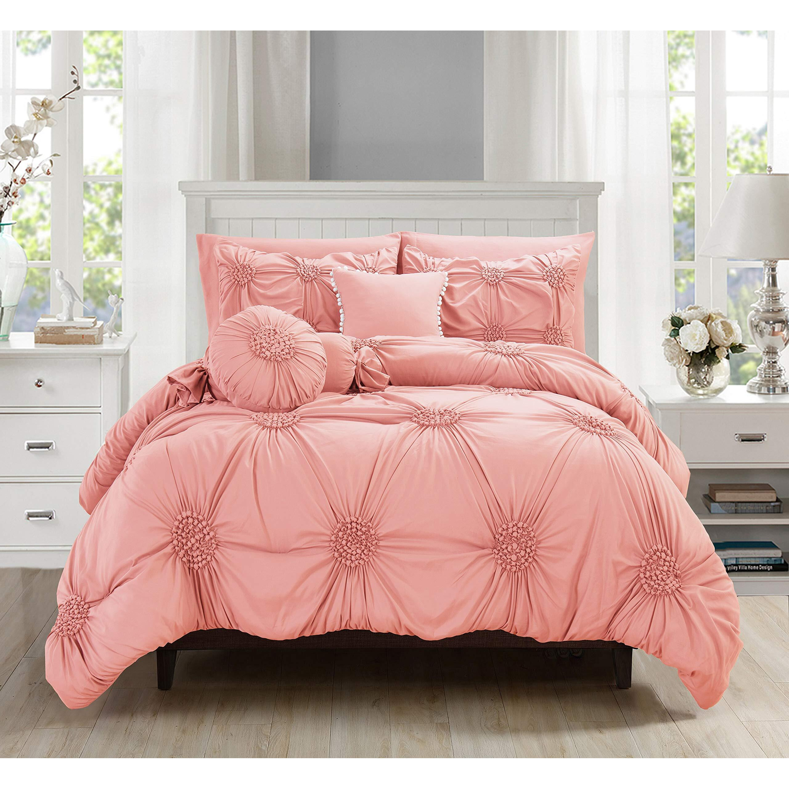 Elegant Comfort Luxurious, Softest, Coziest 10-Piece Bed-In-A-Bag Sunflower Comforter, Silky Soft Complete Set Includes Bed Sheet Set With Double Sided Storage Pockets Featured, Full/Queen, Dusty Rose
