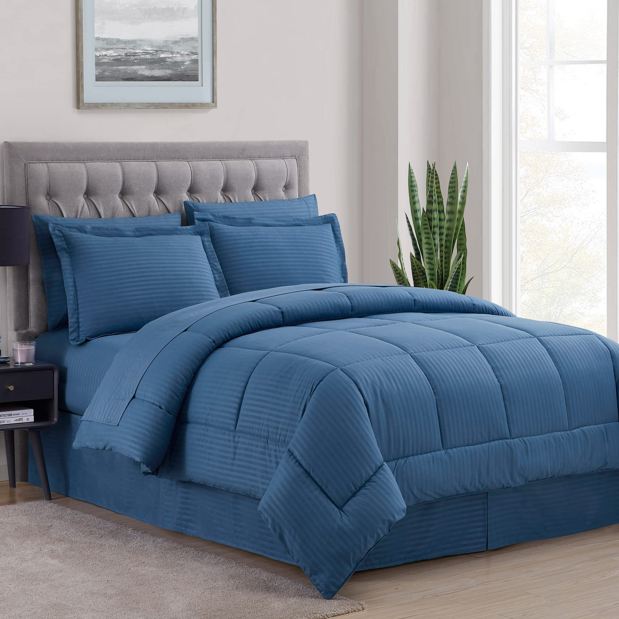 Queen Comforter Set 8 Piece Bed In A Bag With Bed Skirt, Fitted Sheet, Flat Sheet, 2 Pillowcases, 2 Pillow Shams, Queen, Denim