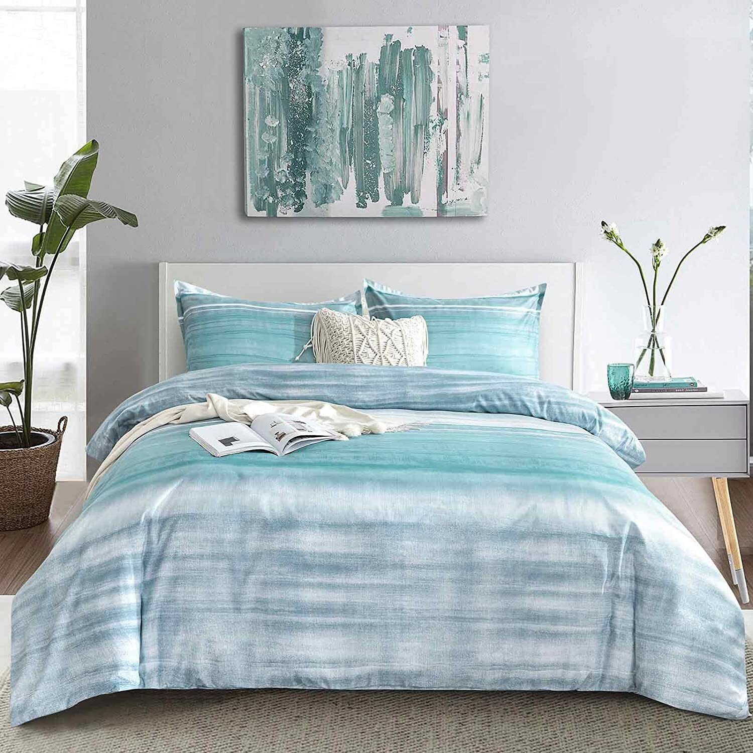 Etdiffe Comforter Set King Size, 3Pc Teal Grey And Blue Gradient Striped Pattern Bedding Set - Modern Soft & Lightweight All Season Farmhouse Microfiber Down Alternative Comforter (90X104)