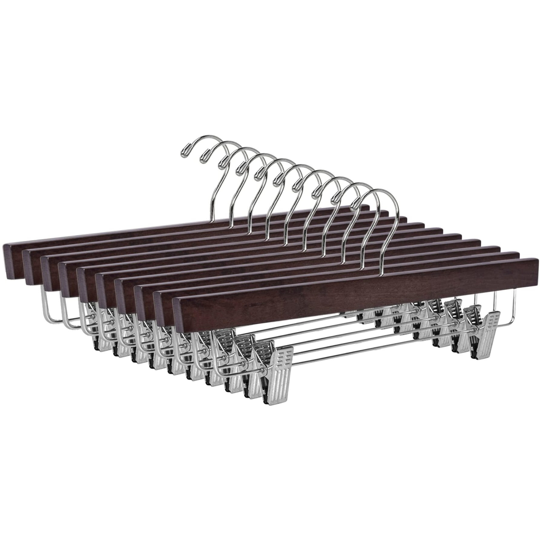 Quality Wooden Pants Hangers Skirt Hanger Jeans Hanger Bottom Hanger, Swivel Hook, Adjustable Clips (Walnut - Chrome Hook, 10)