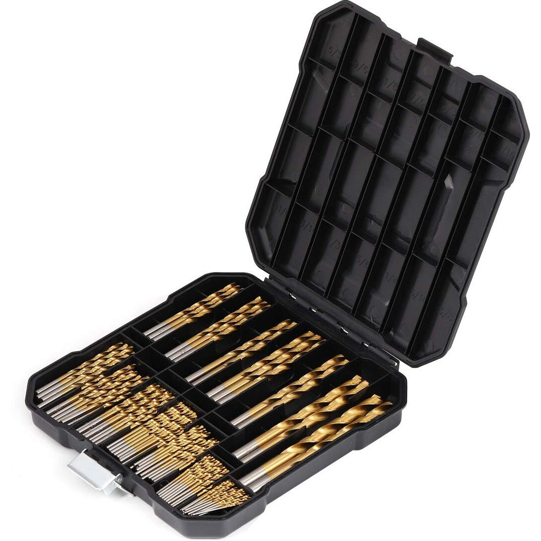 Comoware 100 Pcs Titanium Drill Bit Set - High Speed Steel For Steel, Wood, Plastic, Metal, Copper, Aluminum Alloy With Storage Case, 3/64""-3/8""