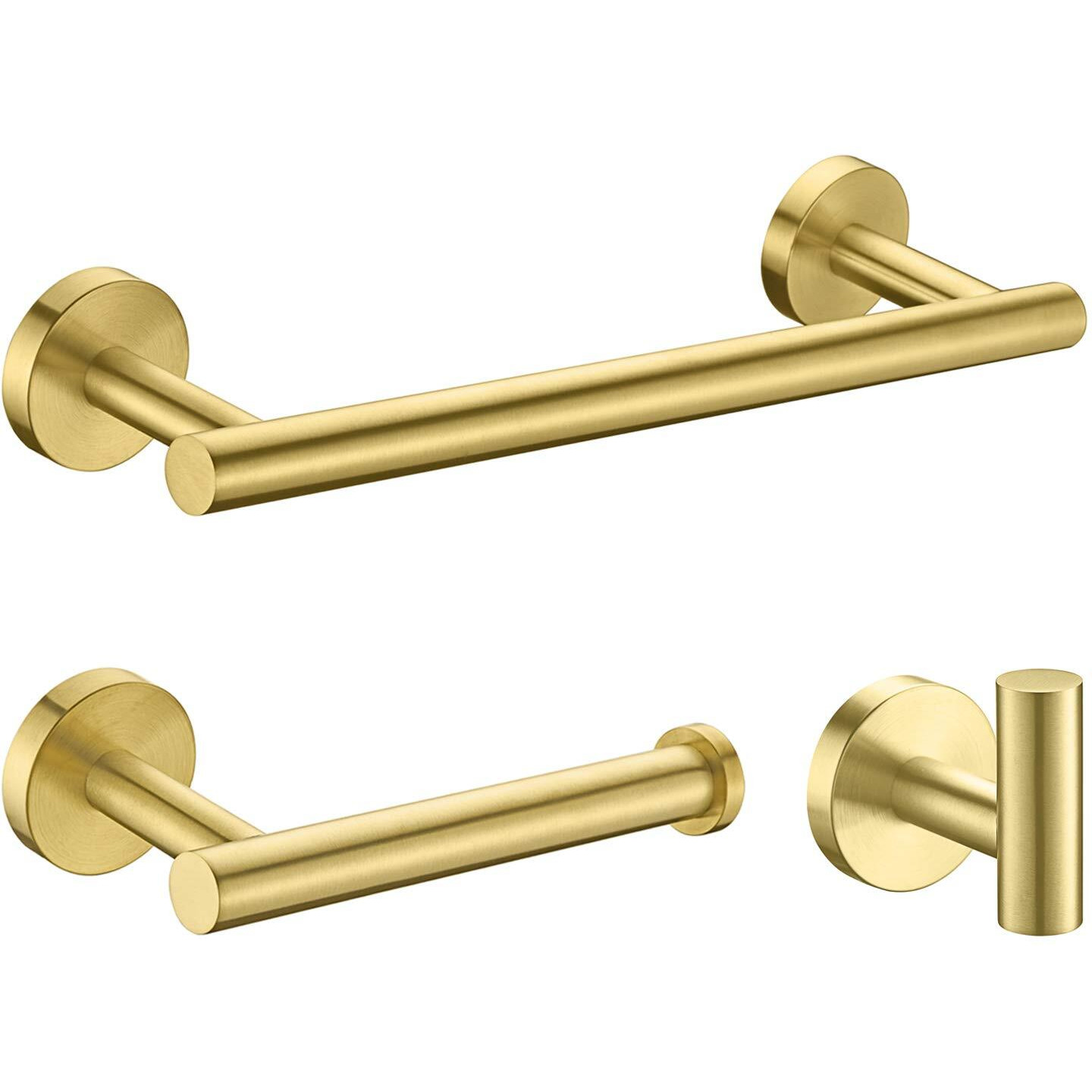 Nolimas 3-Pieces Brushed Gold Bathroom Hardware Set Sus304 Stainless Steel Round Wall Mounted Includes 12"" Hand Towel Bar,Toilet Paper Holder,Robe Towel Hooks,Bathroom Accessories Kit