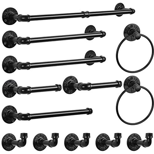 13-Pieces Towel Bar Set Black Bathroom Hardware Set Industrial Pipe Bath Towel Rack Accessories Kit Wall Hand Towel Bar, Toilet Paper Holder, Towel Ring, Robe Towel Hooks, Kitchen Tissue Paper Hanger