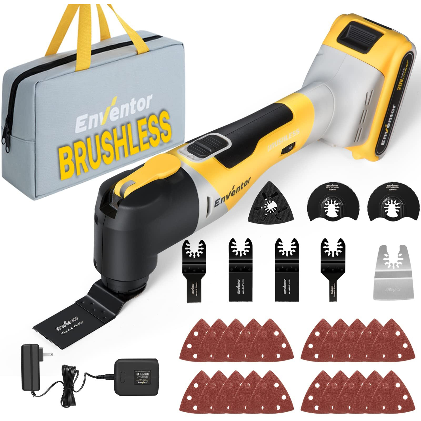 Cordless Oscillating Tool, Enventor 20V Brushless Oscillating Multitool Kit With 6 Variable Speed, 4Oscillation Angle, 28 Pcs Accessories, Fast Charger Oscillating Saw For Trimming, Sanding, Cutting
