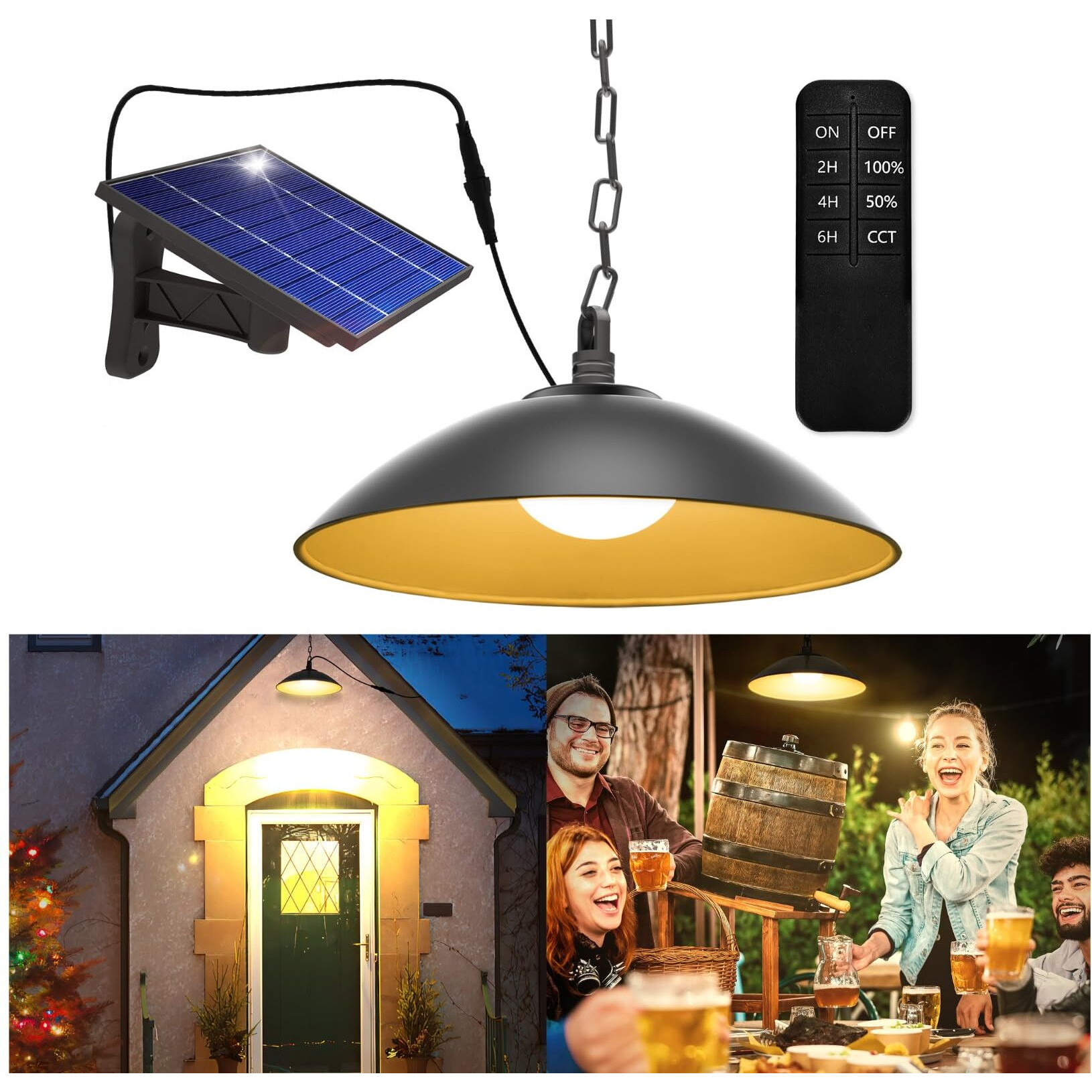 Moon-De-Age Outdoor Solar Pendant Shed Lights With Remote Control, 3 Color 2 Brightness Modes Hanging Barn Gazebo Chandelier Lamp, Dusk To Dawn, 8 Inch - Sl0301Blk