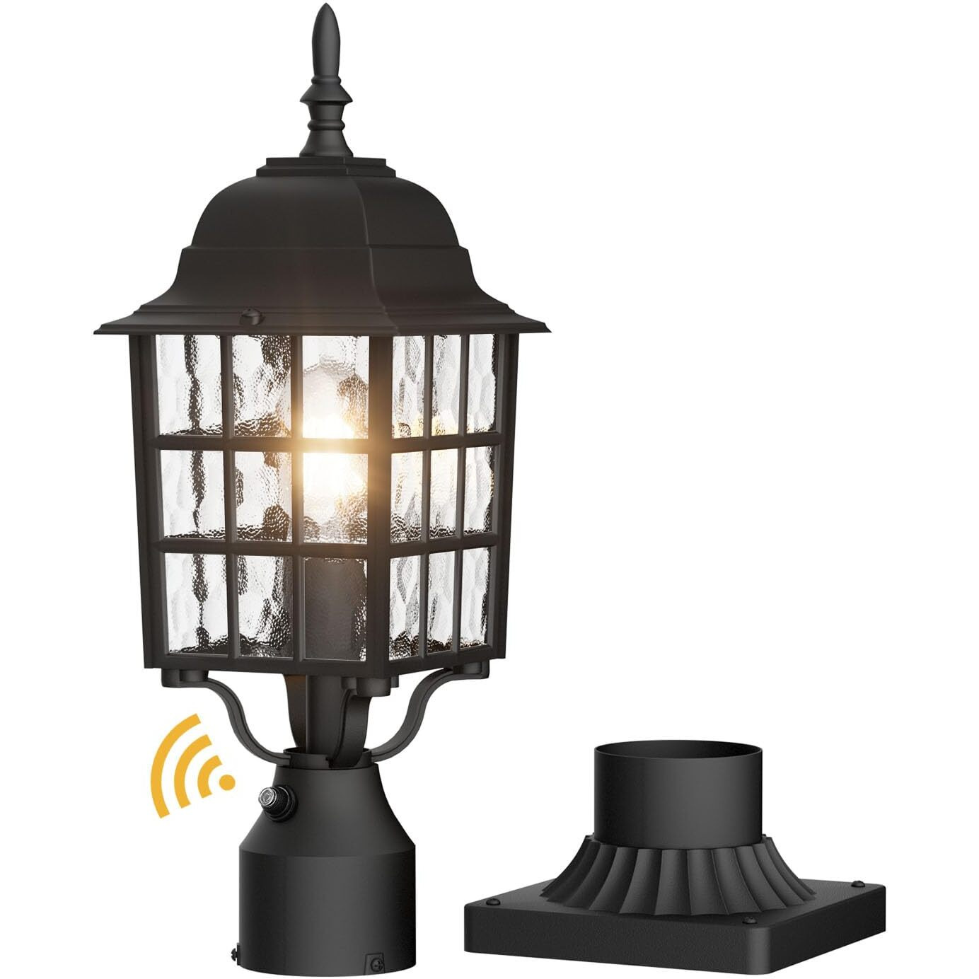 Aoceley 1-Light Dusk To Dawn Outdoor Post Light, Exterior Lamp Post Light Fixture With Pier Mount Base, Exterior Pole Lantern Light, Black With Water Ripple Glass
