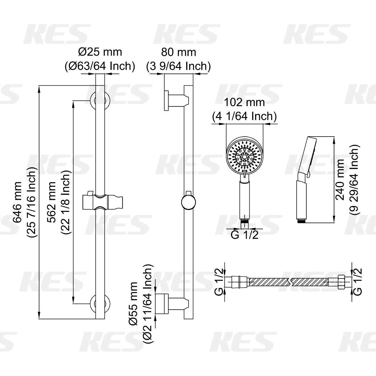 Kes Handheld Shower Head With Adjustable Shower Slide Bar 5 Function Extra Long Hose Polished Finish, F204-Ps-C1