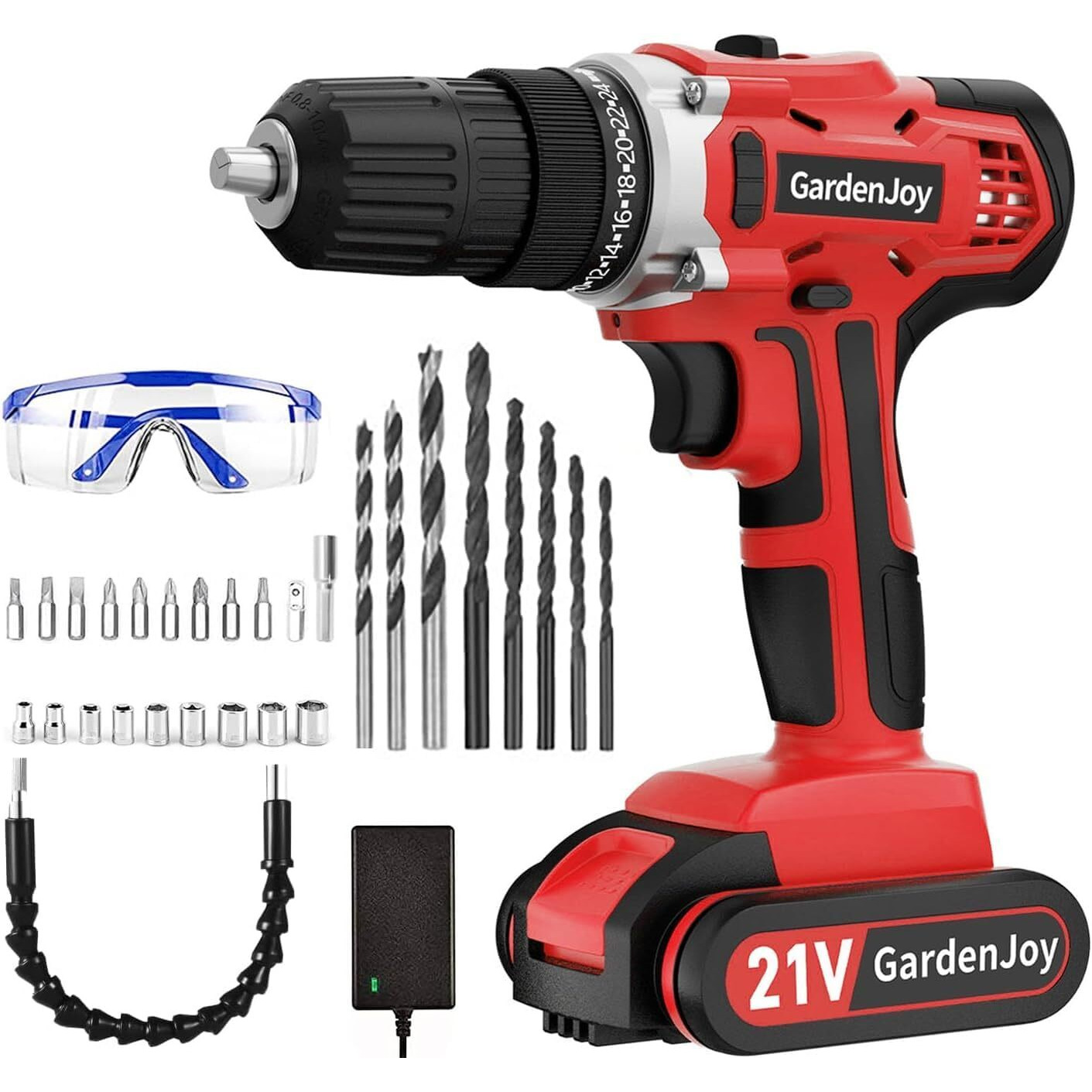 Gardenjoy 21V Cordless Power Drill - Electric Drill Set With Battery And Fast Charger, 30Pcs Drill/Driver Bits, 2 Variable Speed, 3/8"" Keyless Chuck, 24+1 Position, Portable Drill Kit For Diy & Home