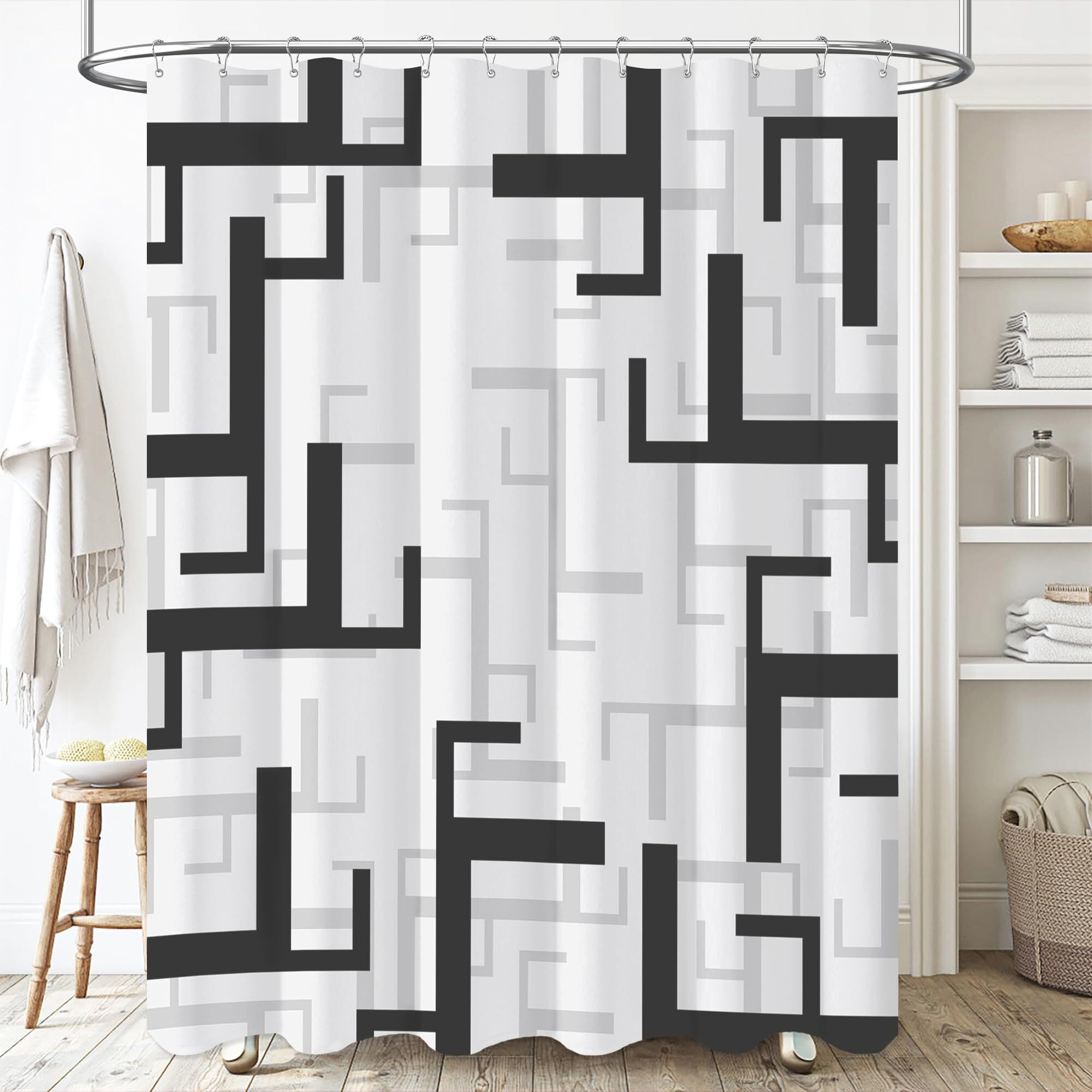 Bttn Black And White Shower Curtain, Geometric Fabric Shower Curtain Set With 12 Plastic Hooks, Water Repellent, Machine Washable, Abstract Modern Decorative Cloth Shower Curtains For Bathroom, 72X72