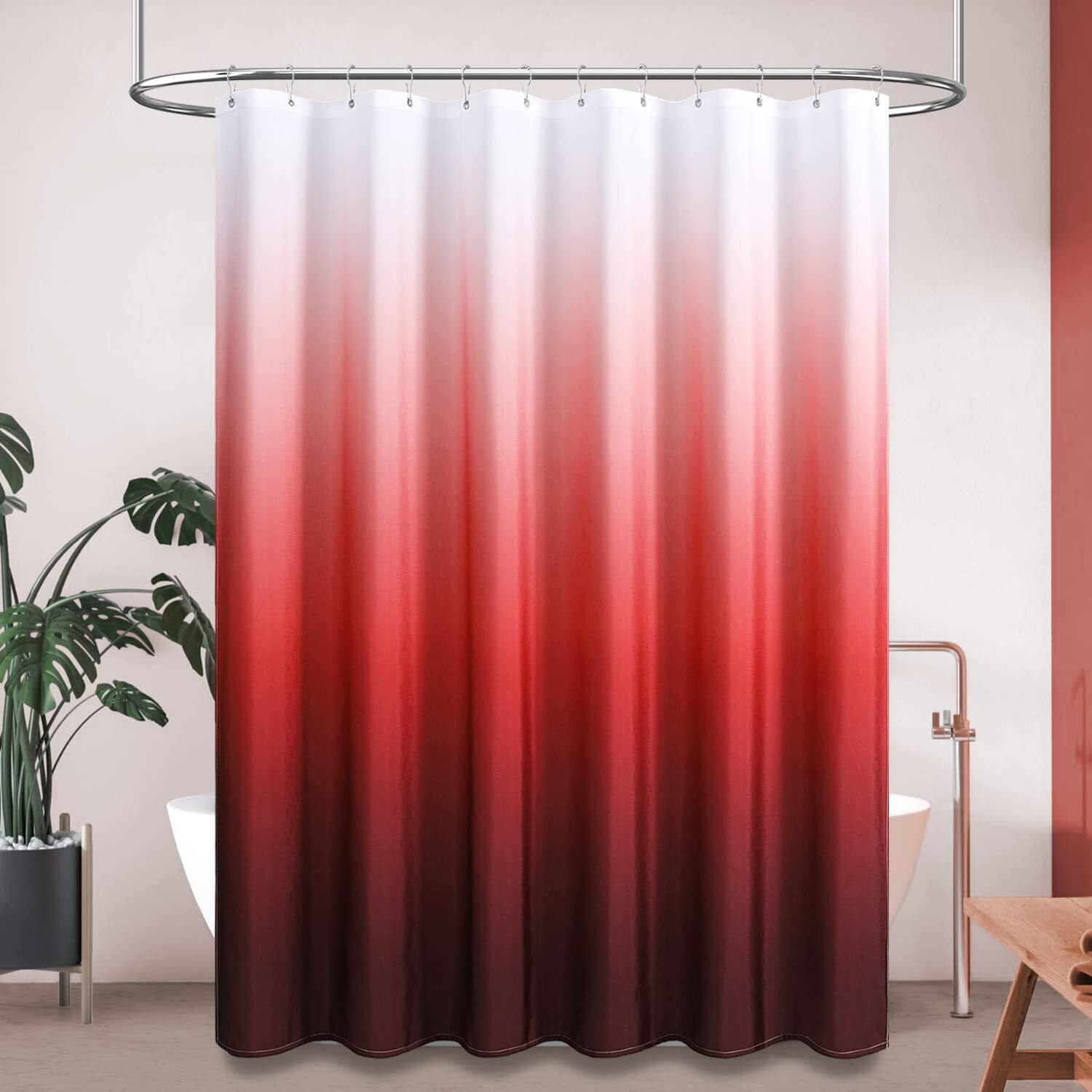 Bttn Red Fabric Shower Curtain, Ombre Linen Textured Weighted Cloth Shower Curtain Set With Plastic Hooks, Modern Hotel Decorative Thick Polyester Shower Curtains For Bathroom, Water Repllent, 72X72