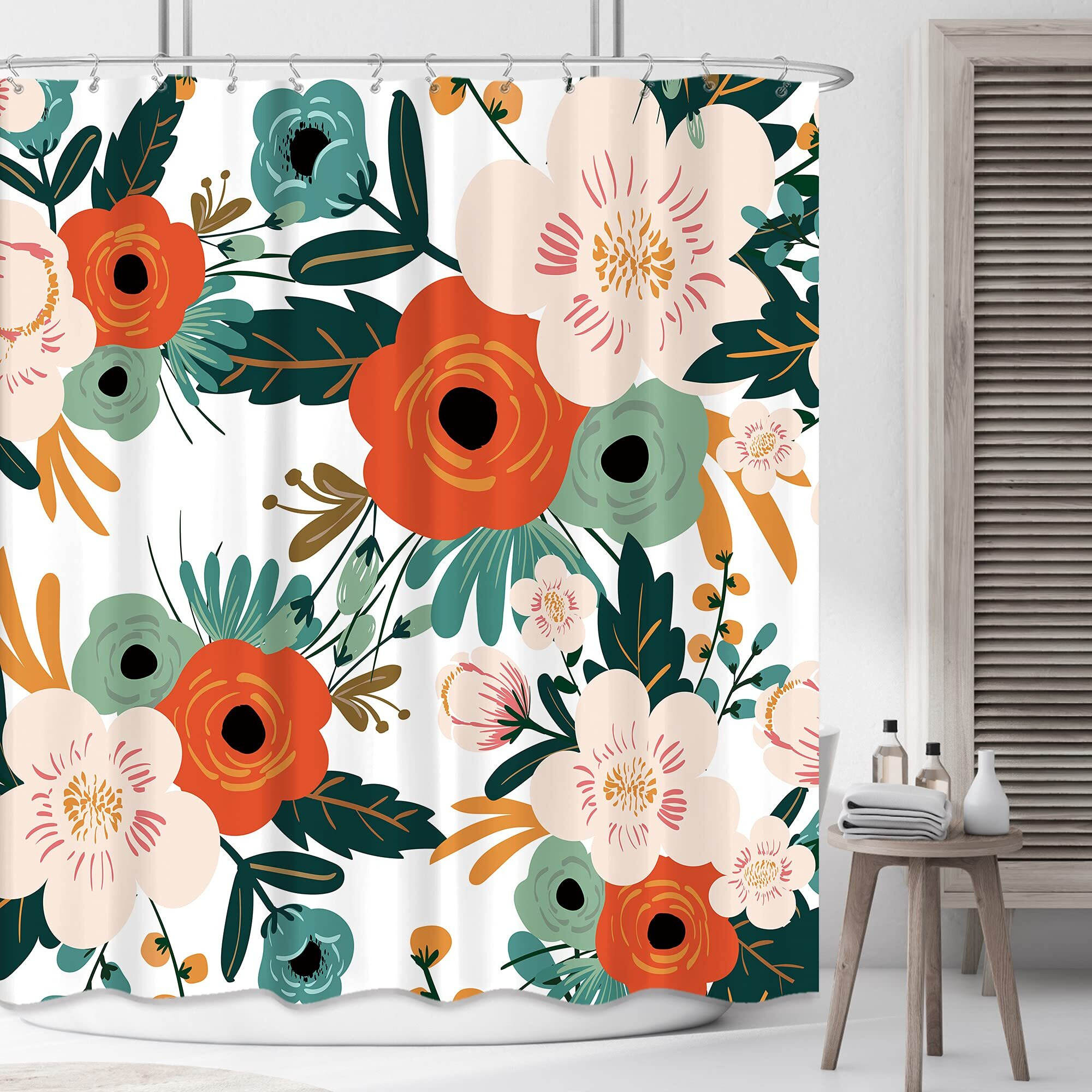 Riyidecor Extra Long Spring Flower Fabric Shower Curtain 72Wx84H Inch Watercolor Floral Green Leaves Orange Bathroom Decor Polyester Waterproof 12 Pack Plastic Shower Hooks Ww-Yhx9