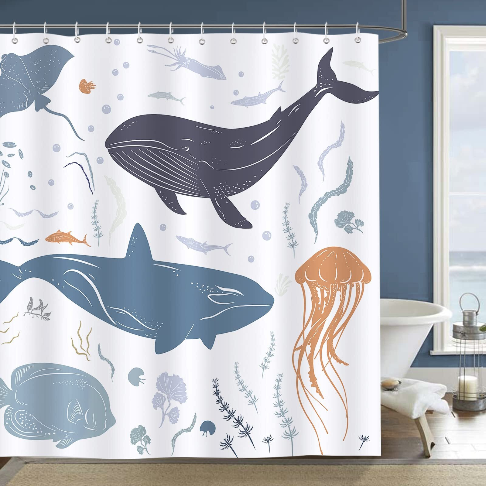 Bonhause Whale Fish Shower Curtain For Kids Sea Animal Decorative Bath Curtain 72 X 72 Inch Polyester Fabric Waterproof Bathroom Curtain With 12 Hooks