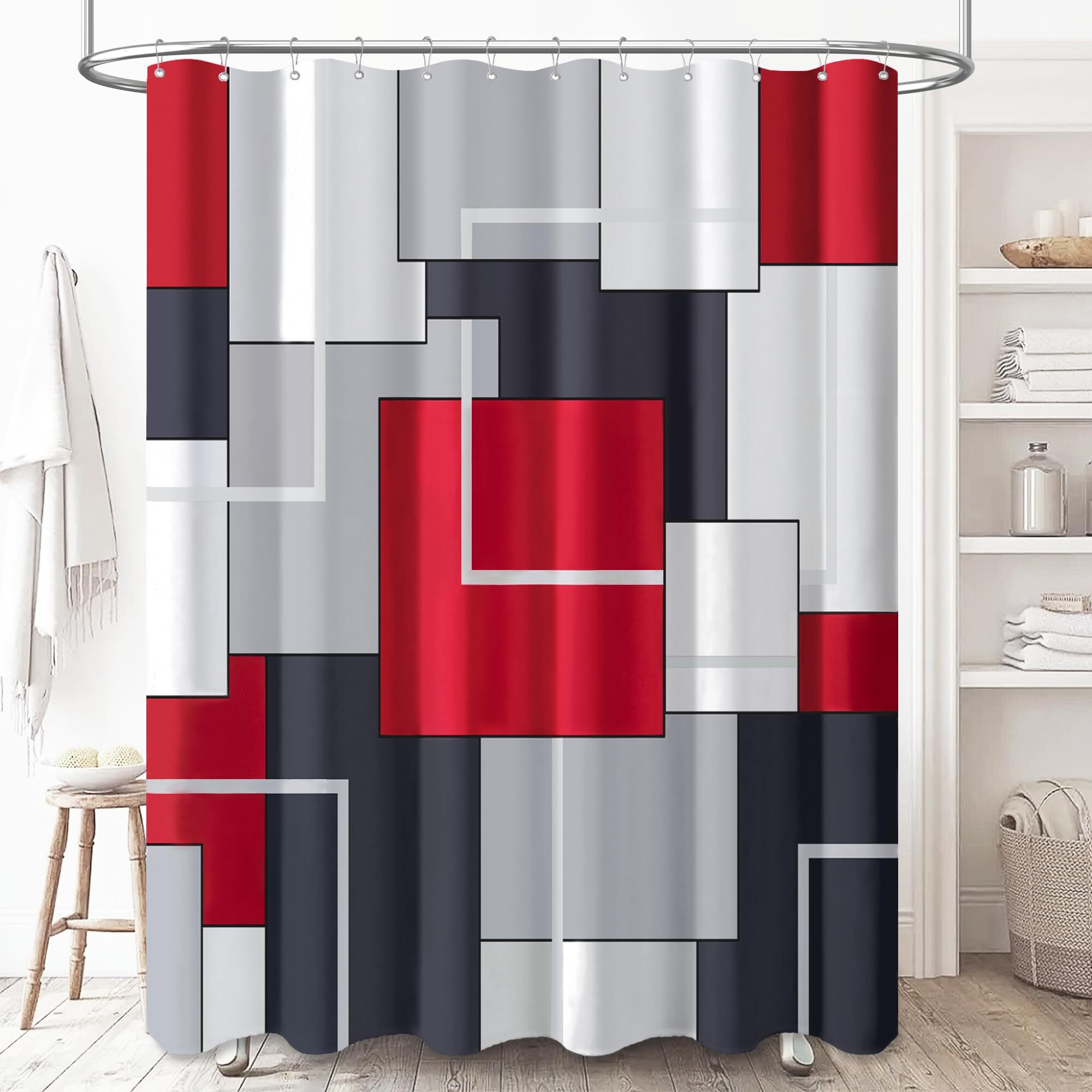 Bttn Red Fabric Shower Curtain, Modern Geometric Cloth Shower Curtain Set With Plastic Hooks, Water Repellent, Weighted Hem, Abstract Decorative Polyester Shower Curtains For Bathroom, 72 X 72