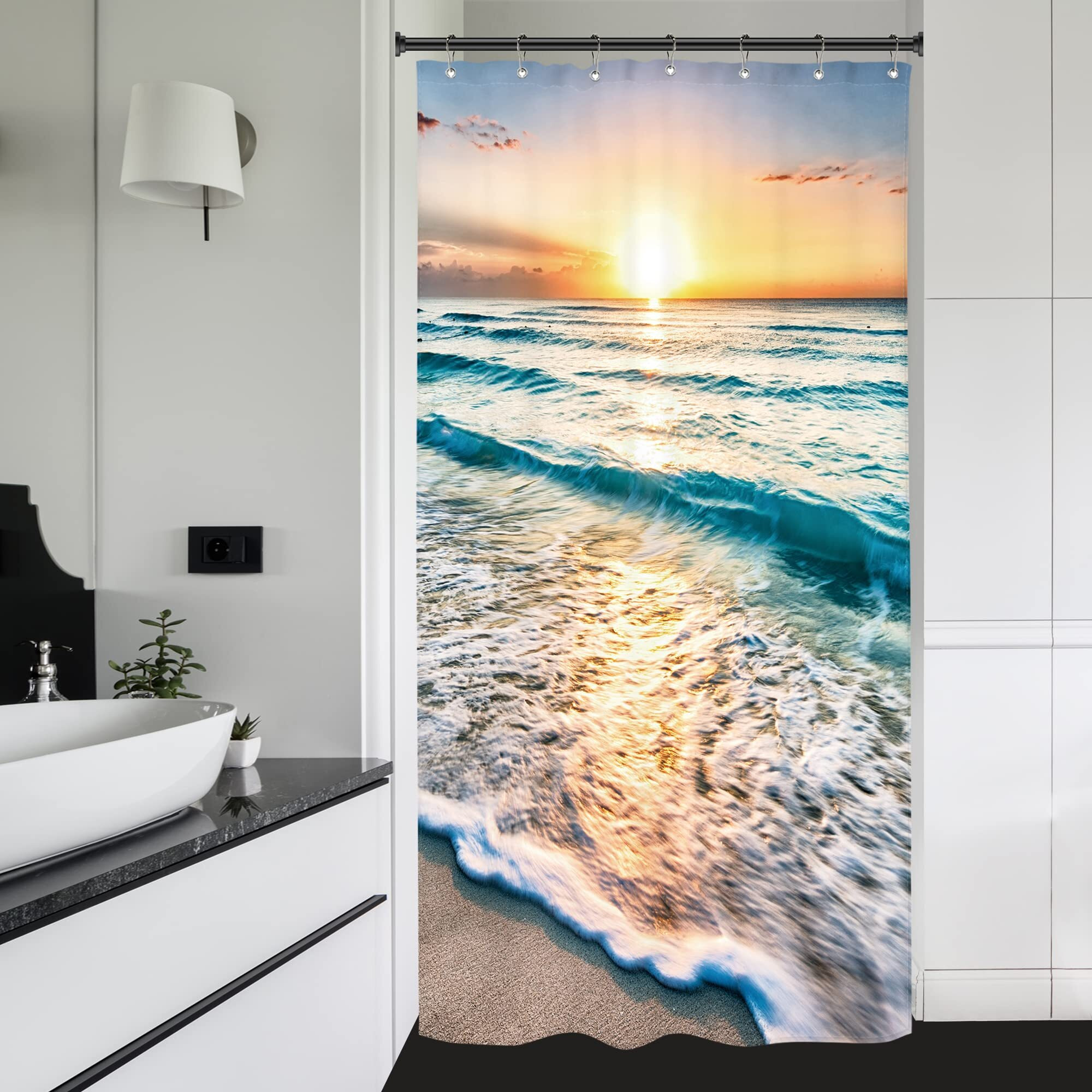 Riyidecor Stall Small Half Shower Curtain Beach Summer 36X72 Inch Rv Mini Single Narrow Ocean Coastal Hawaiian Sunrise Sea Wave Seaside Scene Island Blue Cool Set Waterproof 7 Pack Hooks