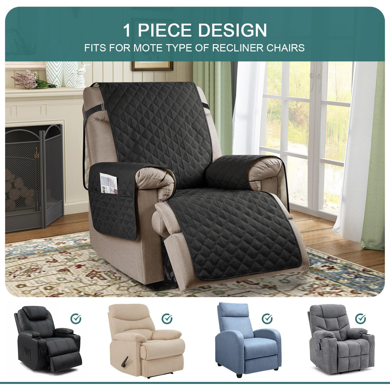 Ruaozz 100% Waterproof Recliner Chair Cover Non-Slip Oversized Reclining Cover For Large Recliner Chair Washable Chair Seat Cover With Elastic Straps For Kids, Dogs, Pets (Black, 28 ' ')