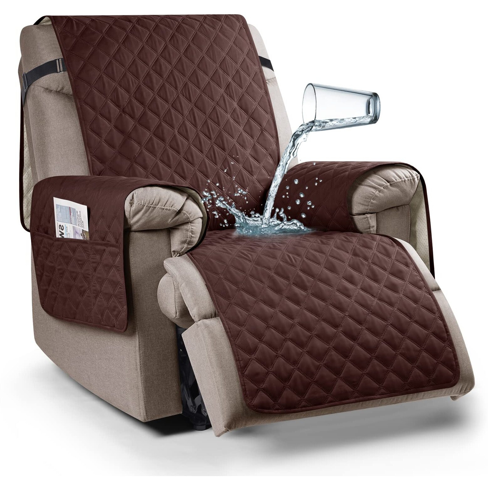 Ruaozz 100% Waterproof Recliner Chair Cover Non-Slip Oversized Reclining Cover For Large Recliner Chair Washable Chair Seat Cover With Elastic Straps For Kids, Dogs, Pets (Coffee, 28 ' ')