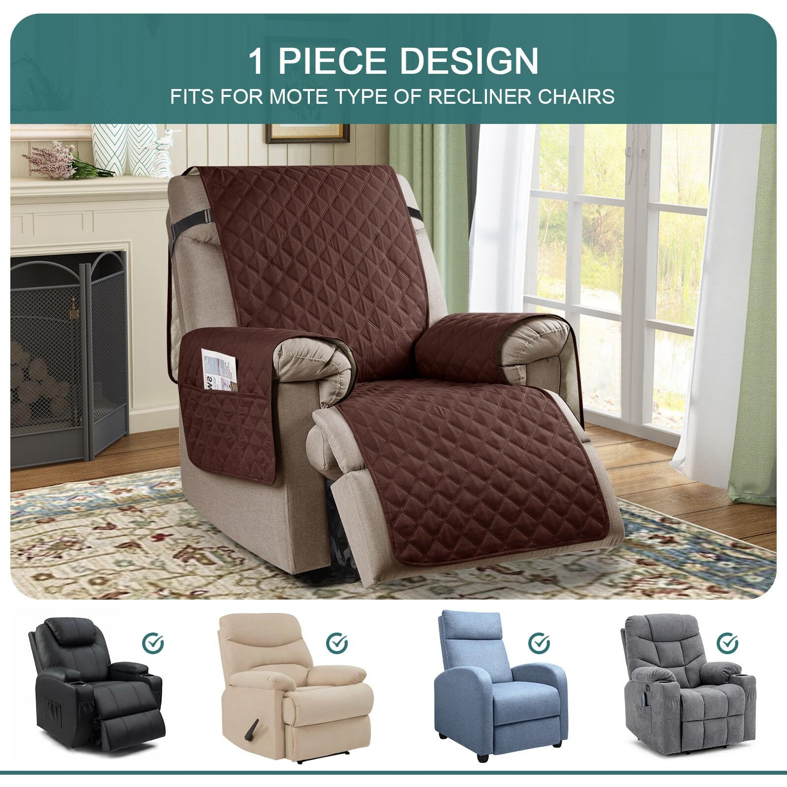 Ruaozz 100% Waterproof Recliner Chair Cover Non-Slip Oversized Reclining Cover For Large Recliner Chair Washable Chair Seat Cover With Elastic Straps For Kids, Dogs, Pets (Coffee, 28 ' ')