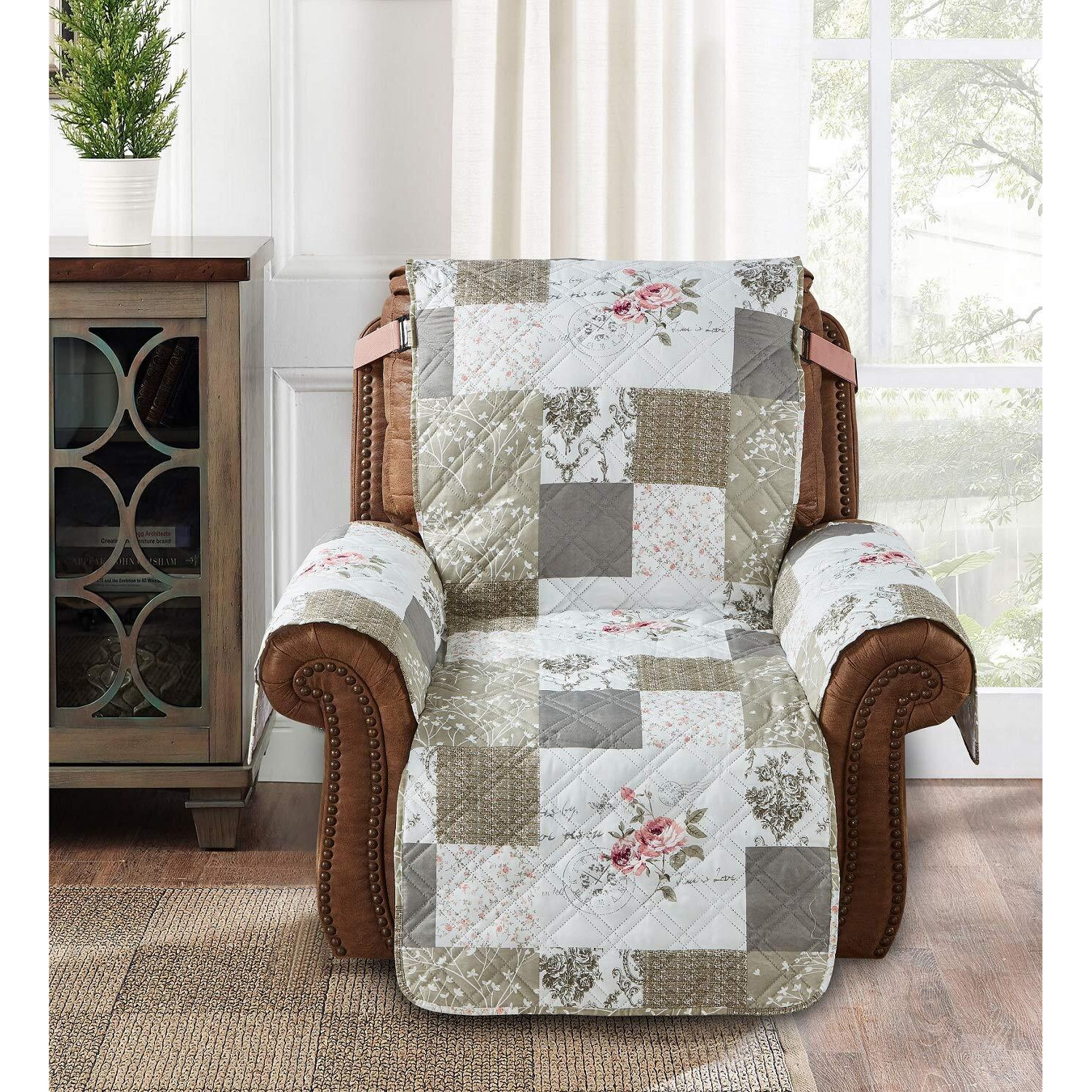Brilliant Sunshine Roses And Toile Recliner Slip Cover, Patchwork Design, Quilted Slipcover, 26 "" Seat, Slip Resistant Cushion Protector, Washable Reclining Chair Covers For Dogs, Cats, Kids, Rose Grey