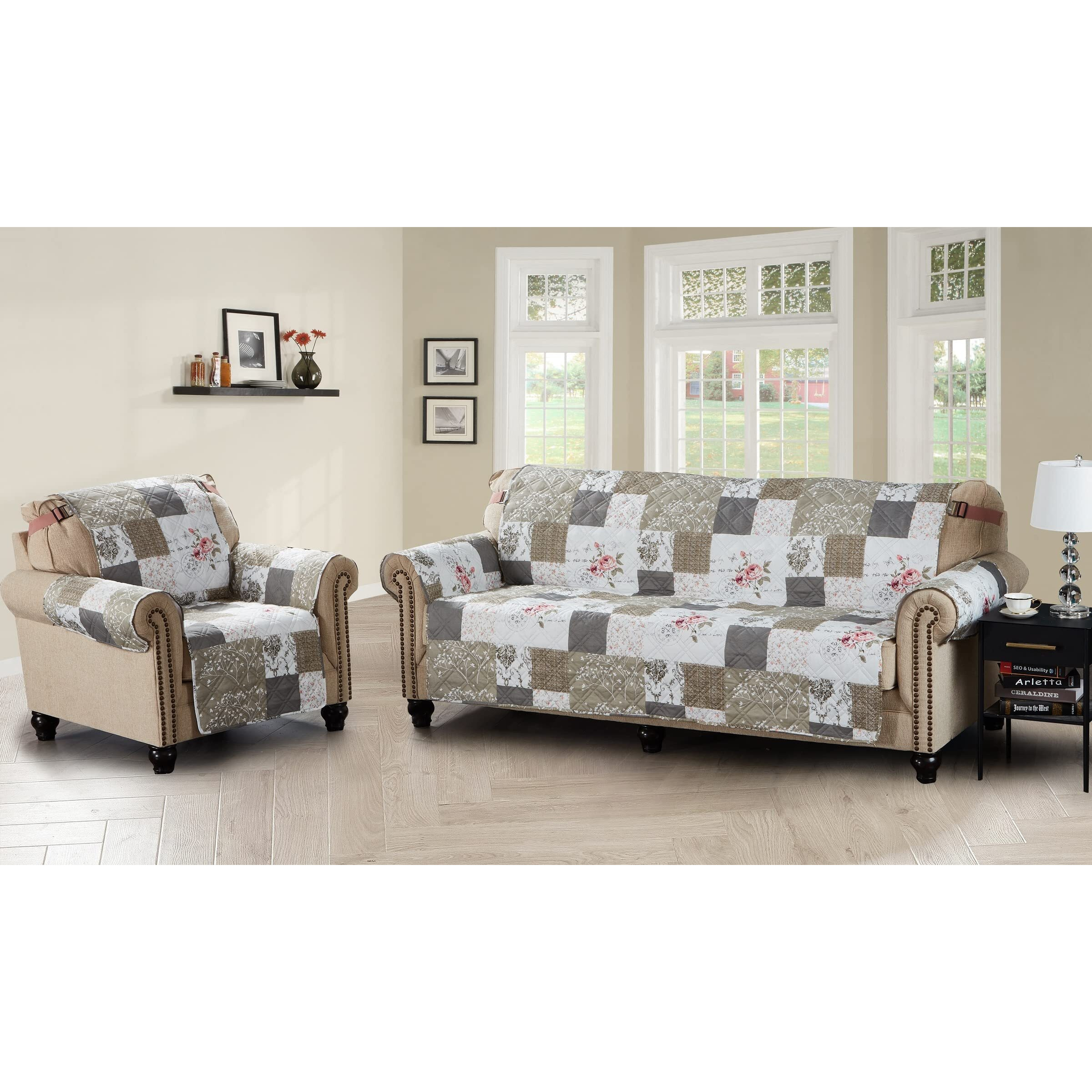 Brilliant Sunshine Roses And Toile Recliner Slip Cover, Patchwork Design, Quilted Slipcover, 26 "" Seat, Slip Resistant Cushion Protector, Washable Reclining Chair Covers For Dogs, Cats, Kids, Rose Grey