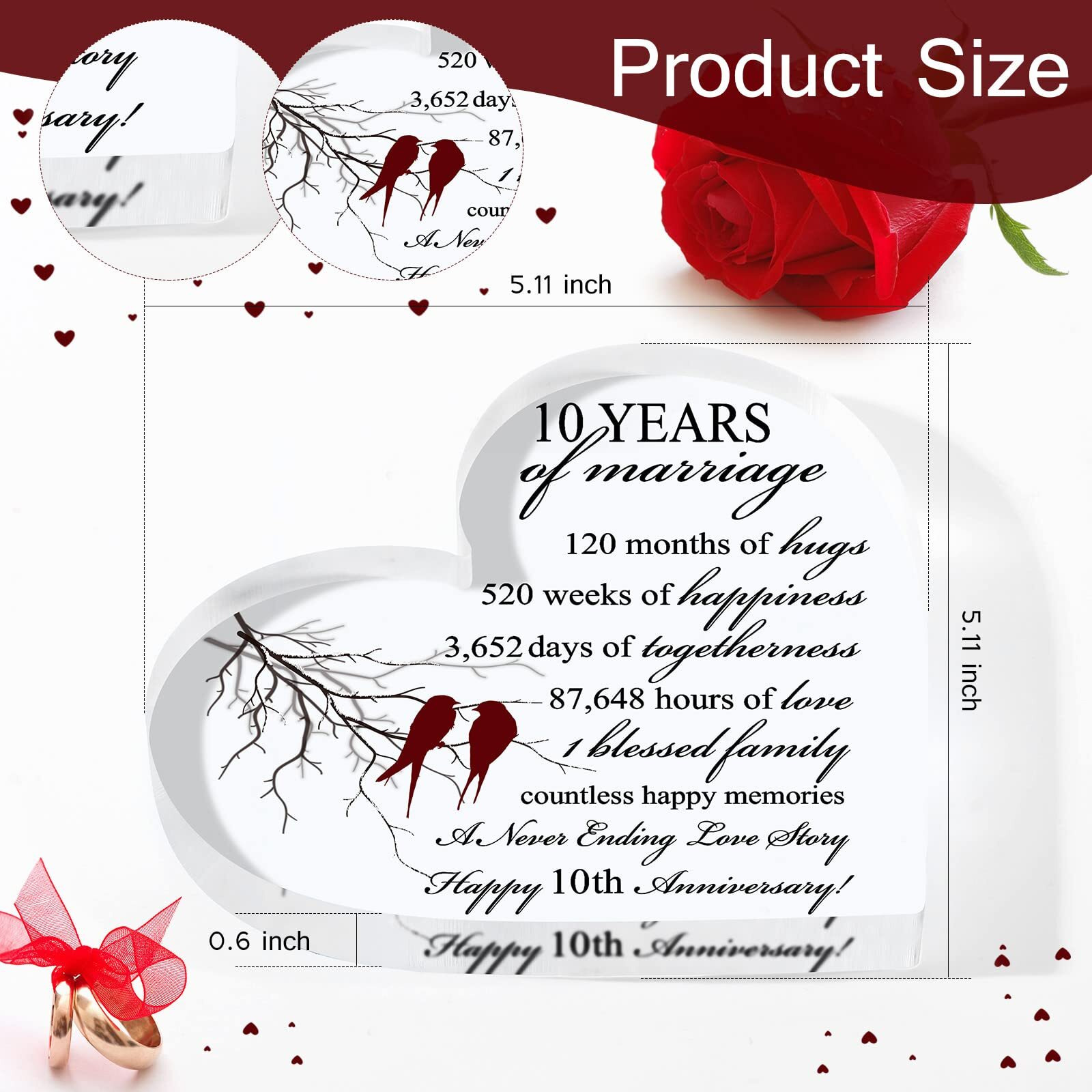 Years Of Marriage Gift Wedding Anniversary Heart Marriage Keepsake Decoration Gift For Couple Parent Women Mom Husband Wife (10Th)