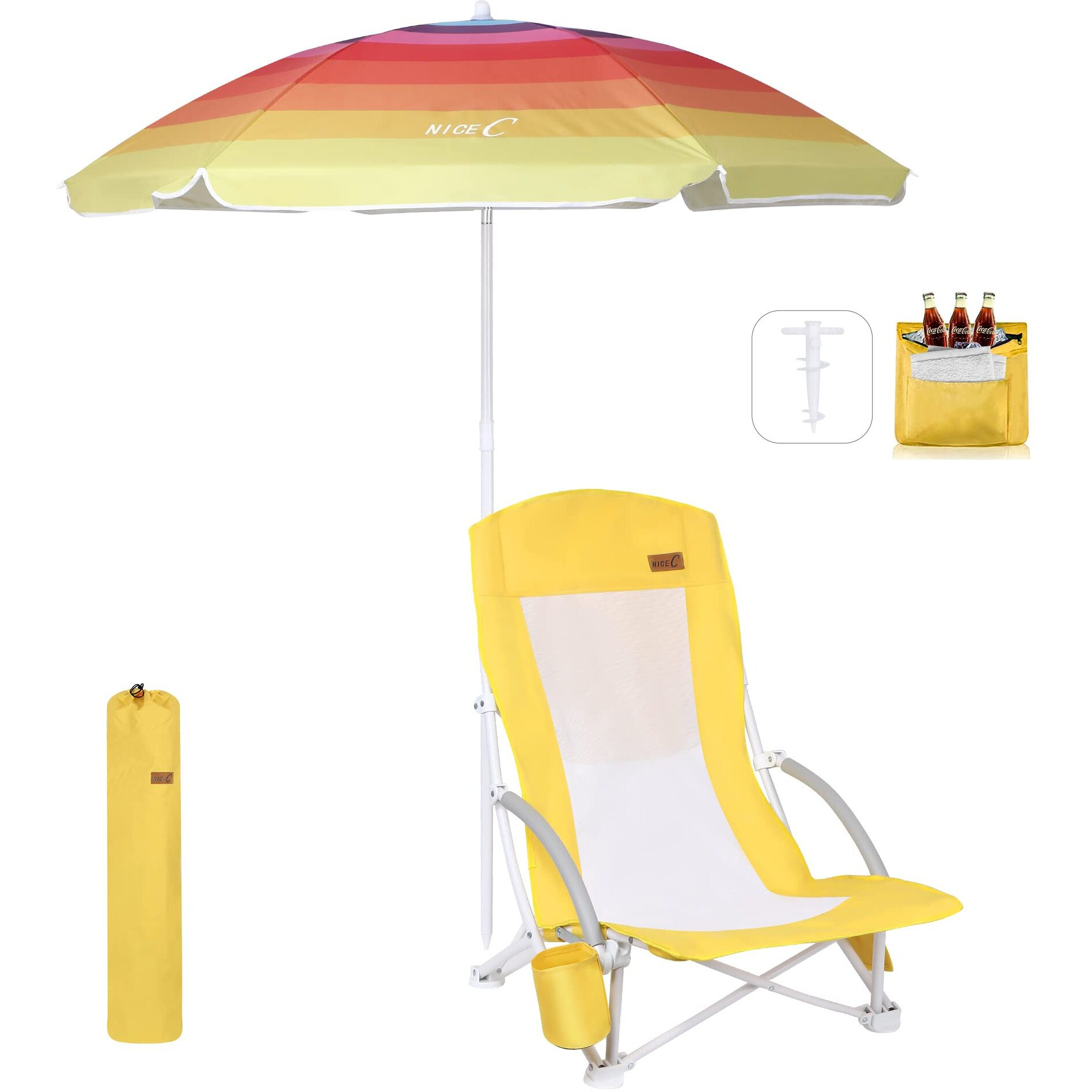 Nice C Beach Chair, Sand Chair, Beach Chairs For Adults With Umbrella And Cooler, High Back, Cup Holder & Carry Bag & Heavy Duty Compact Outdoor, Camping (One Yellow)