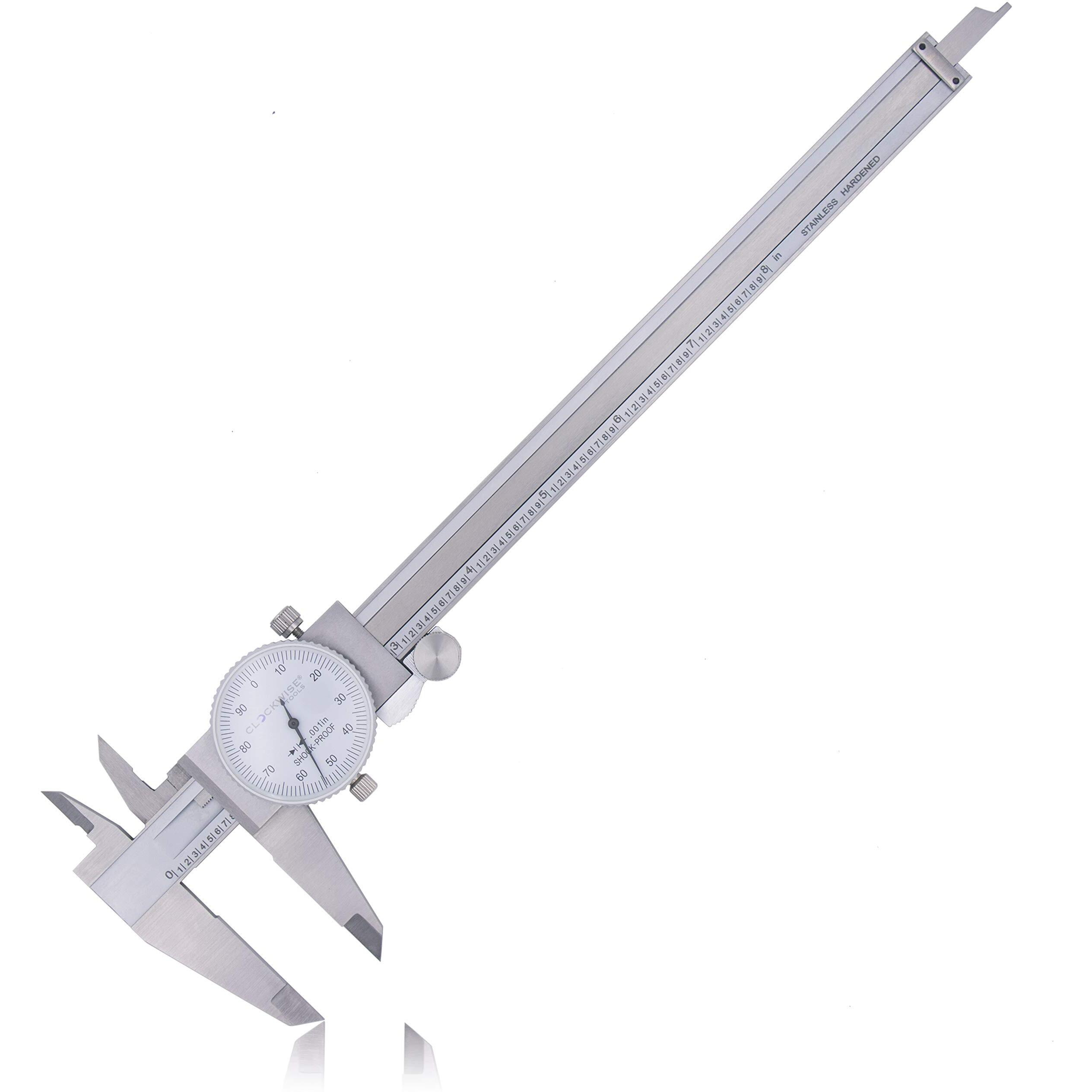 Clockwise Tools Ddlr-0805 Pro Dial Caliper 0-8 Inch Double Shock Proof Stainless Steel Body Sae Measuring Tool