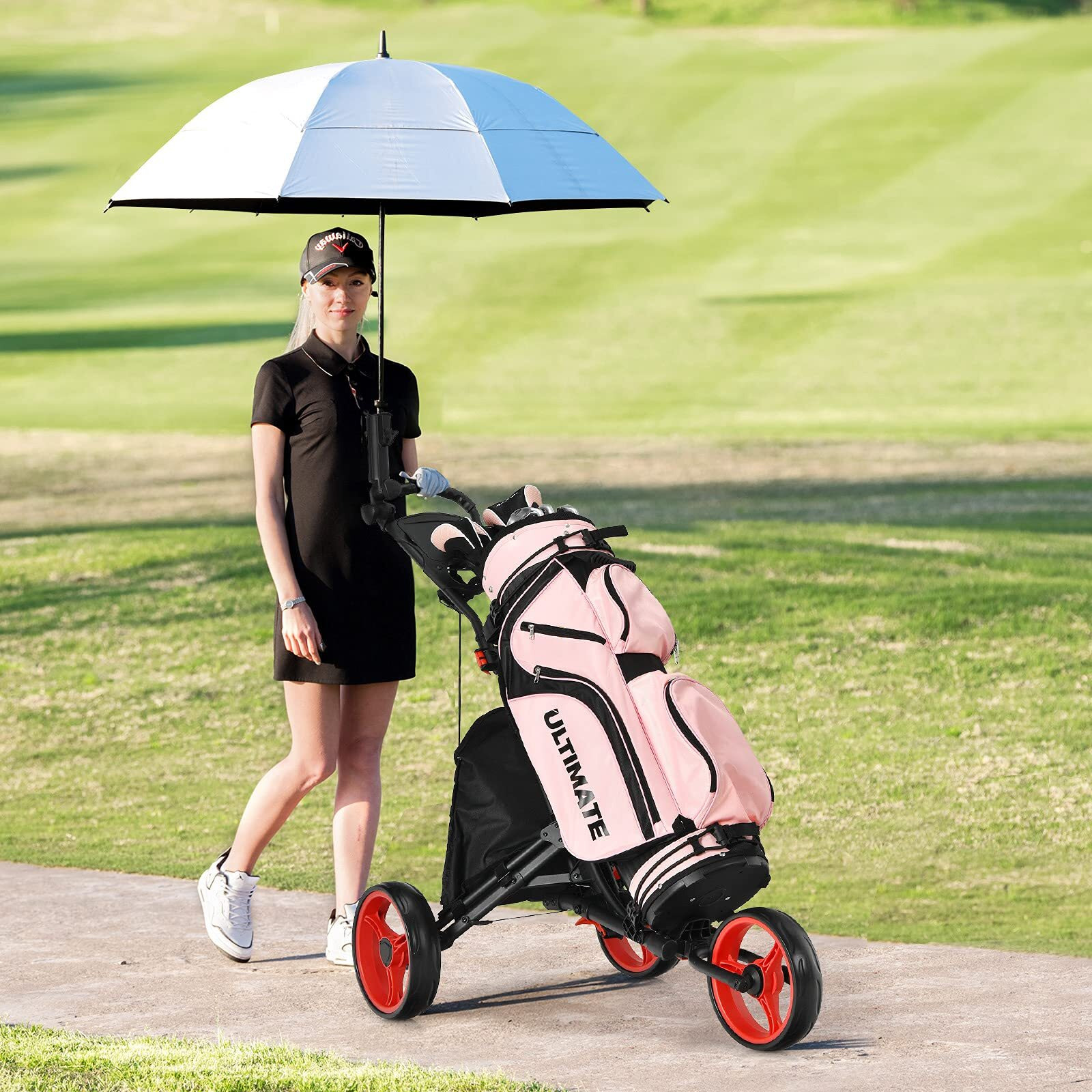 Tangkula Golf Push Pull Cart, Lightweight Aluminum Collapsible 3 Wheels Push Cart, Golf Trolley With Elastic Strap, Umbrella & Cup Holder, Scoreboard Storage & Foot Brake, Golf Cart