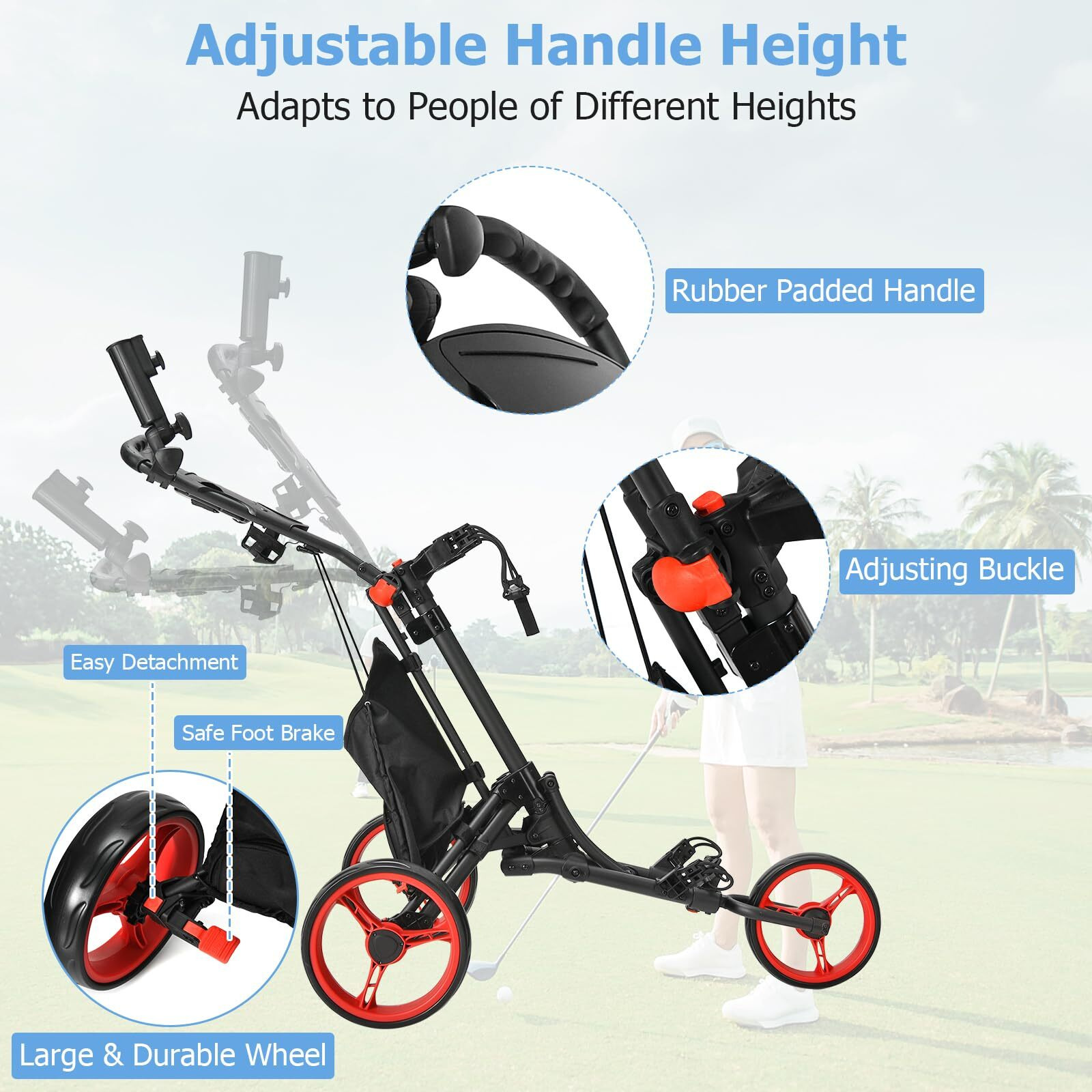 Tangkula Golf Push Pull Cart, Lightweight Aluminum Collapsible 3 Wheels Push Cart, Golf Trolley With Elastic Strap, Umbrella & Cup Holder, Scoreboard Storage & Foot Brake, Golf Cart