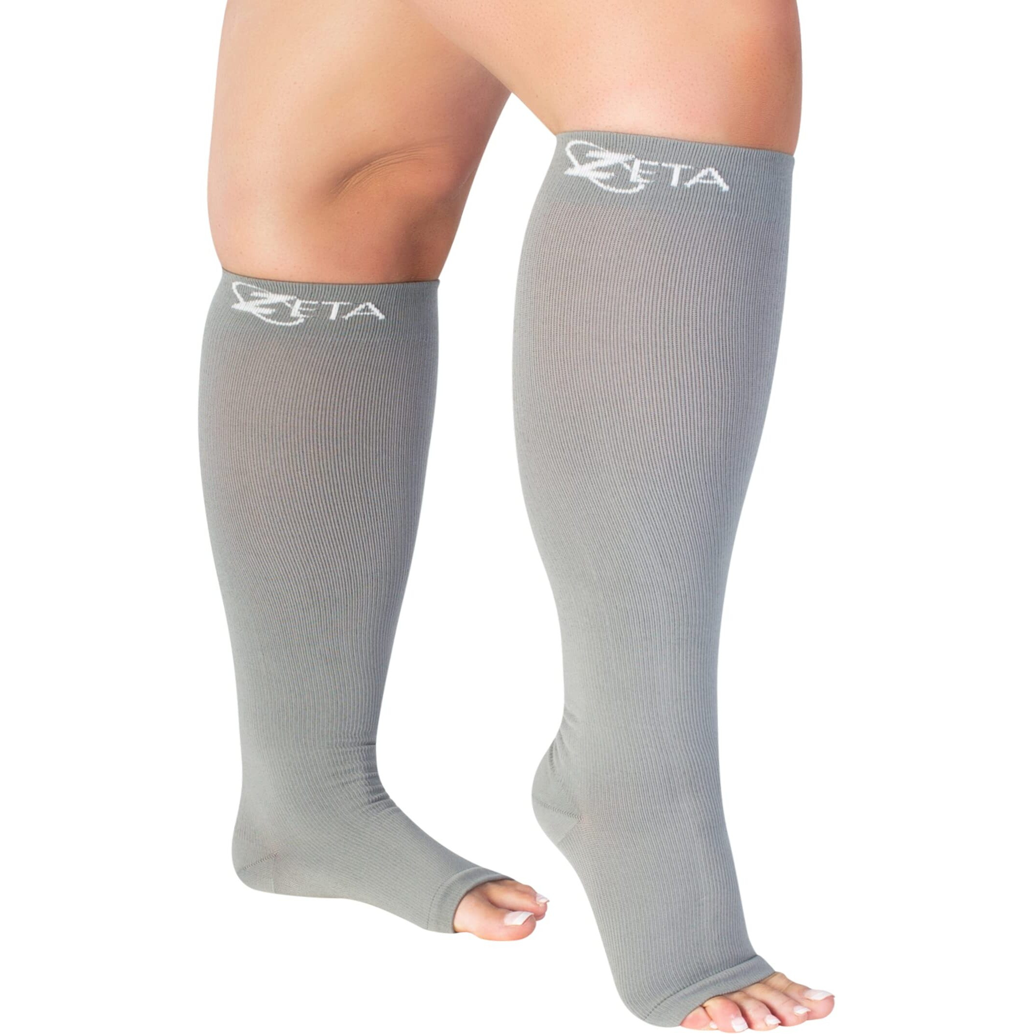 Zeta Wear Plus Size Open Toe Leg Sleeve Support Socks - Wide Calf Compression Open Toe Socks Men And Women Amazing Fit, Travel, Flight Socks, Compression & Soothing Relief, 1 Pair, Size 2Xl, Gray