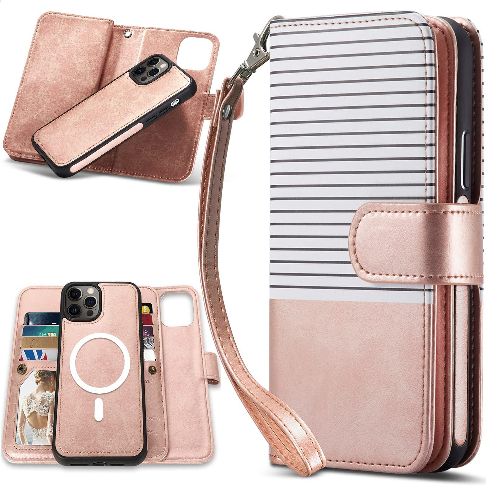Caseowl Iphone 13 Pro Max Case Wallet For Women Men, [Support Magsafe Wireless Charging] Magnetic Detachable Folio Leather Phone Wallet Case With Card Holder Rfid Blocking, Wrist Strap(Rose Pink)