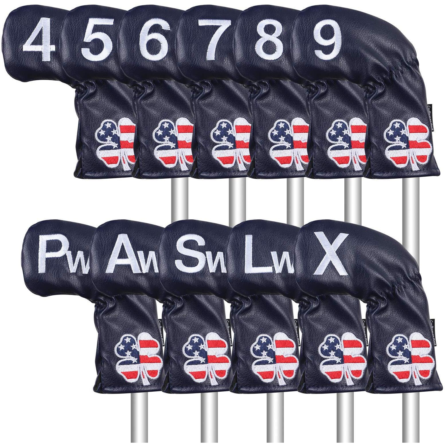 Craftsman Golf 11Pcs /Set (4,5,6,7,8,9,A,S,P,L,X) Usa Us Flag Clover Leather Dark Blue Iron Covers Headcover (Dark Blue For Right)