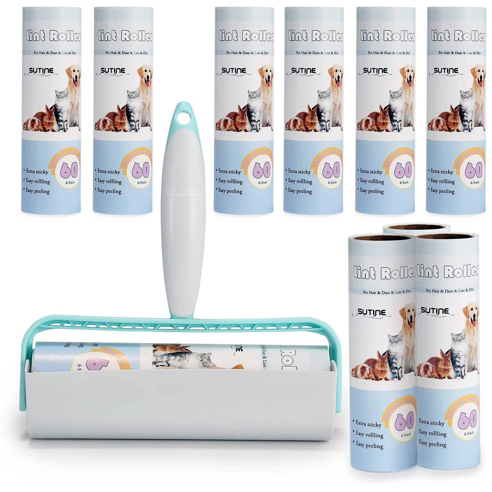Lint Rollers For Pet Hair Extra Sticky 600 Sheets/10 Refills, Sutine 6.3"" Big Large Lint Roller Remover, Sticky Roller For Removing Lint Pet Hair Dust In Furniture/Clothes/Carpet/Car Seat,Blue