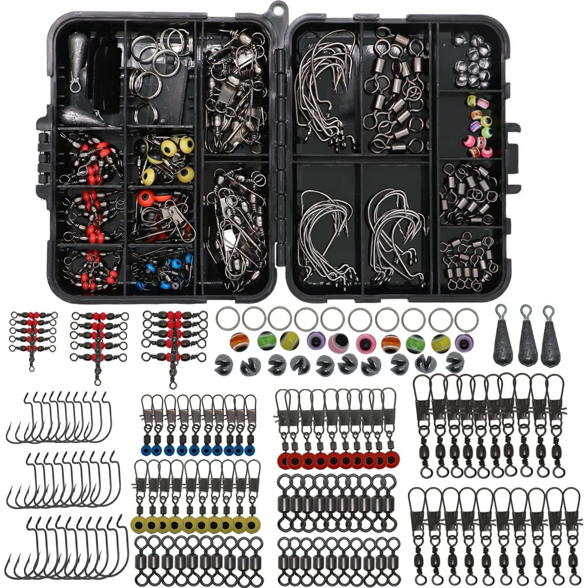 Supertheo Fishing Accessories Kit With Hooks Bass Casting Sinkers Fishing Swivels Snaps Sinker Slides Fishing Line Beads Fishing Set With Tackle Box Lanyard (158Pcs Swivels)