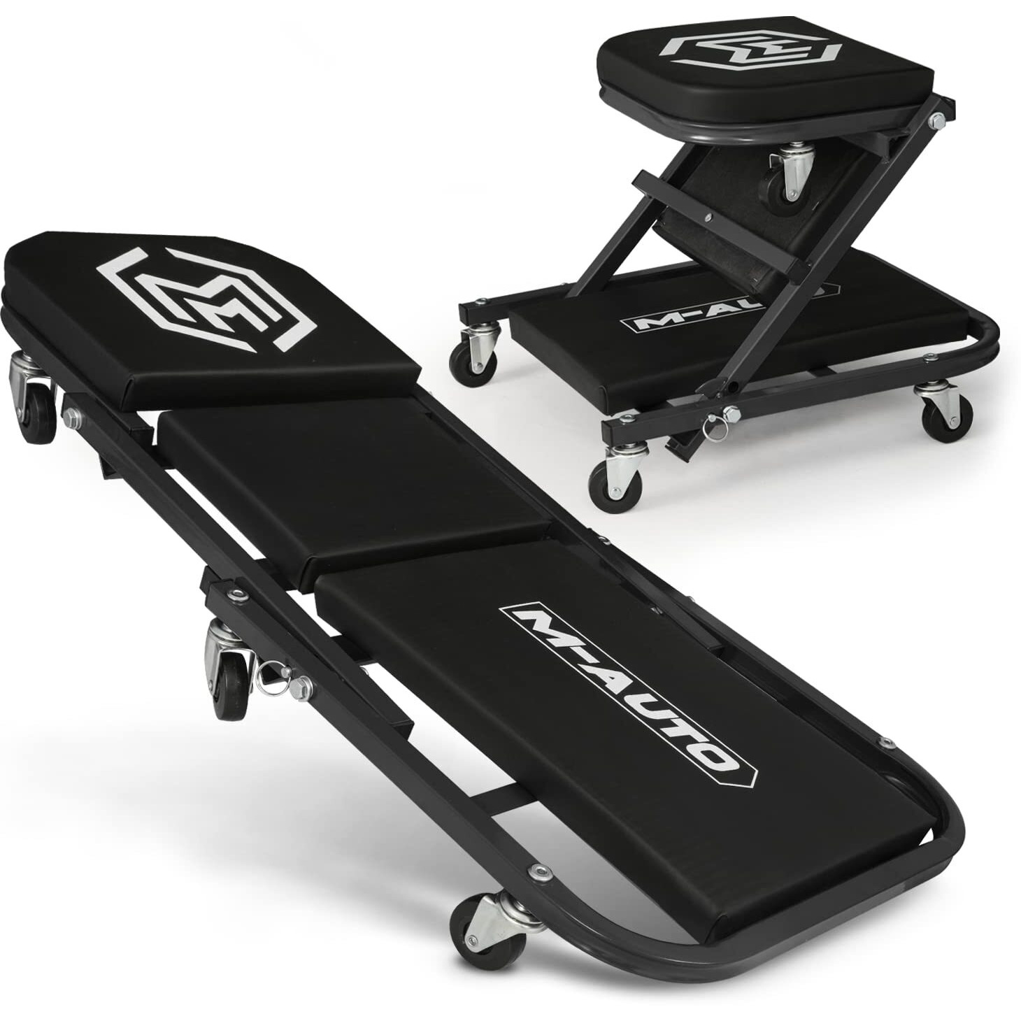 M-Auto Foldable Z Creeper 2-In-1 Rolling Folding Car Creeper & Seat, 36"" Adjustable Roller Garage Chair Lay Down Or Sit, 330Lbs Capacity Under Car Roller Creeper With 6 Swivel Casters, Black