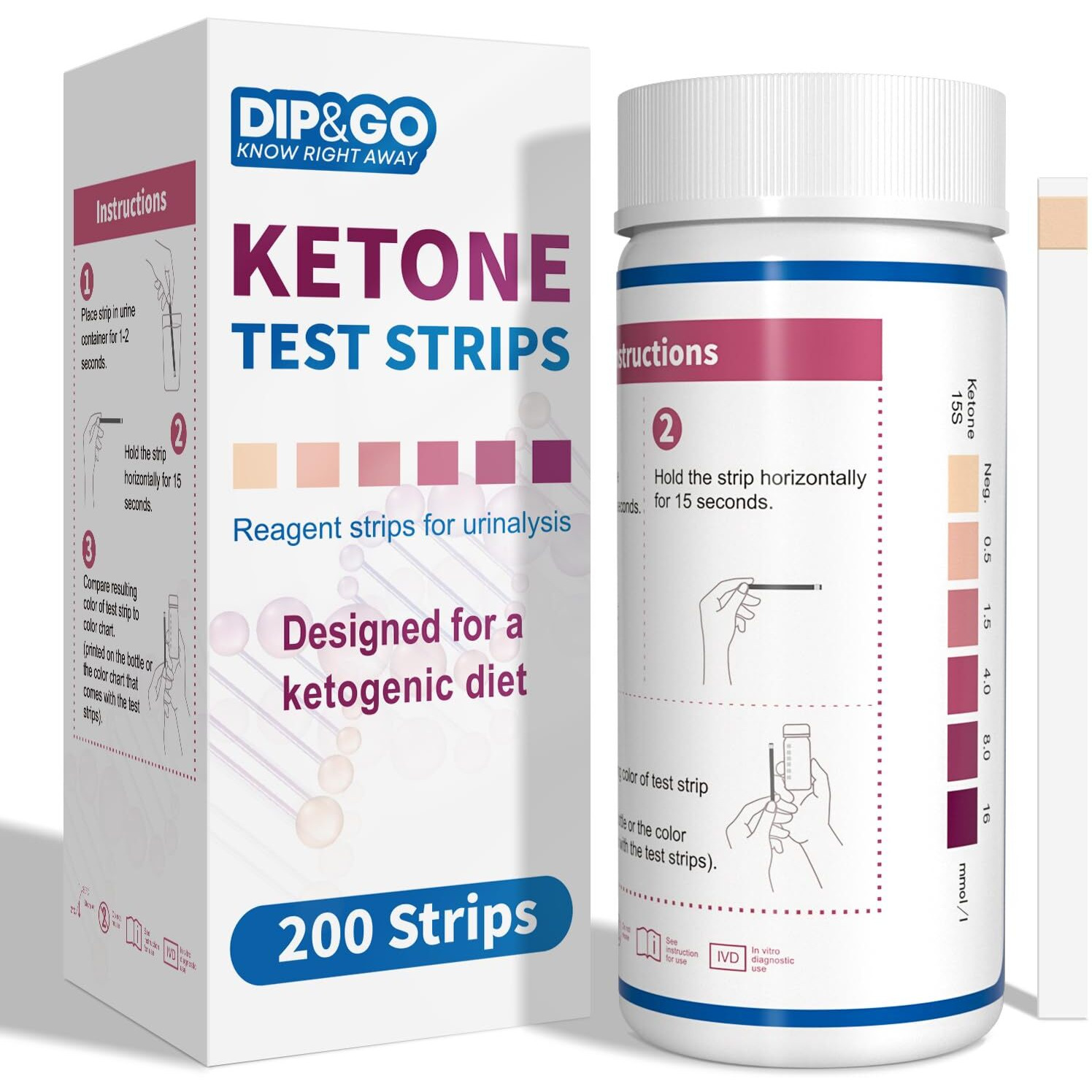 Ketone Test Strips 200 Premium Keto Strips Urine Test For Ketosis On Ketogenic & Low-Carb Diets, Dip&Go Ketosis Home Urinalysis Tester Kit