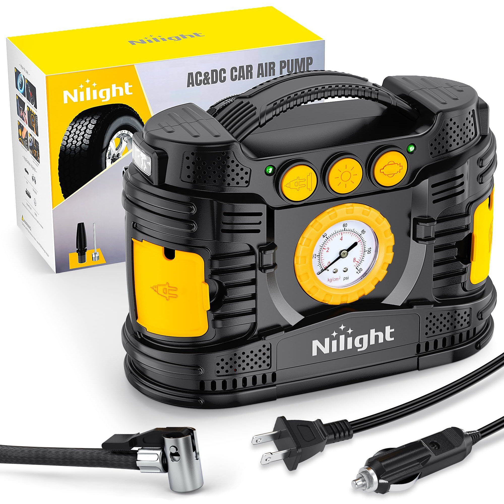 Nilight Tire Inflator Portable Air Compressor Dual Power For Car 12V Dc Home 110V Ac Tire Pump W/Analog Pressure Gauge Fast Inflate Auto Shutoff Pump For Car Suv Motorcycle Bicycle, 2 Years Warranty
