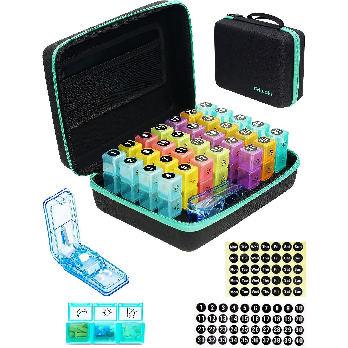 Monthly Pill Organizer 3 Times A Days , Friwole Medicine Organizer Box With Portable Hard Shell And Pill Cutter , 31 Day Pill Box With Monthly And Weekly Stickers