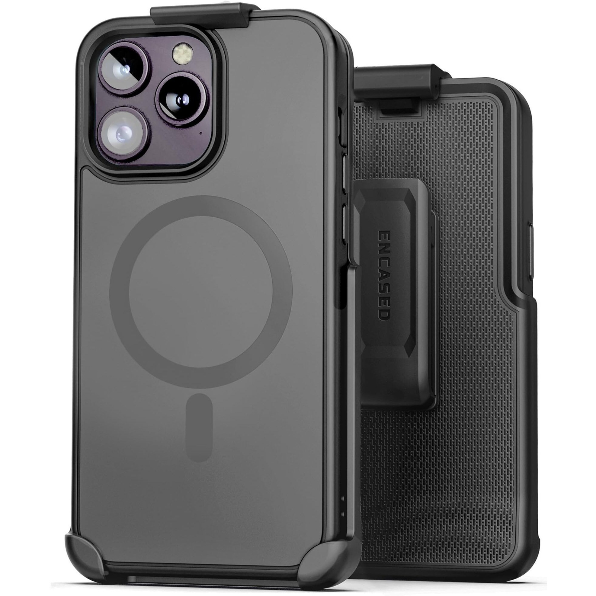 Encased Slimshield For Iphone 15 Pro Max Belt Clip Case With Phone Holster (Compatible With Magsafe) Matte Black (V2 Revised Buttons)