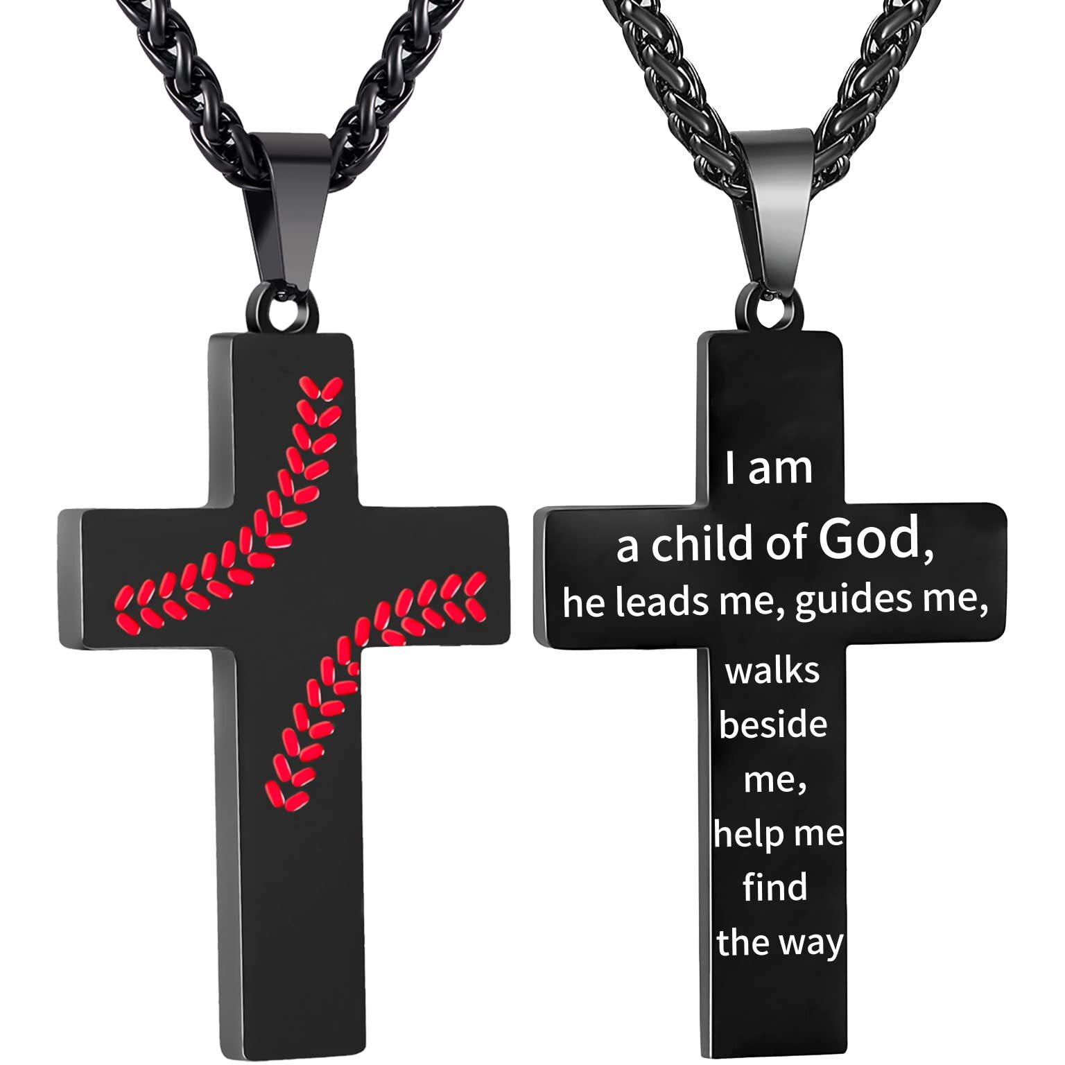 Zocomi Baseball Cross Necklace For Boys Men Stainless Steel Pendant Chain Bible Verse Religious Christian First Communion Confirmation Baptism Jewelry Gift Stuff Accessories Christmas Teenager Black