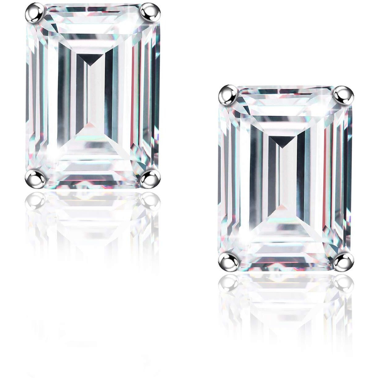 "&quotStunning Flame"" 18K White Gold Plated 925 Sterling Silver Cubic Zirconia Emerald Cut Stud Earrings  Cz Studs For Women, Men And Girls (Emerald,5)