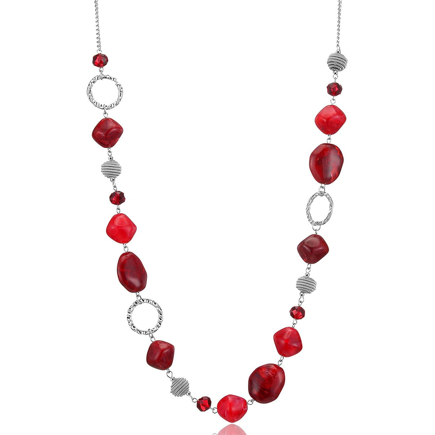 Bulinlin Beaded Long Necklace For Women Silver Sweater Chain Necklace With Crystal Resin Beads, Fashion Jewelry For Girls(Dark Light Red)