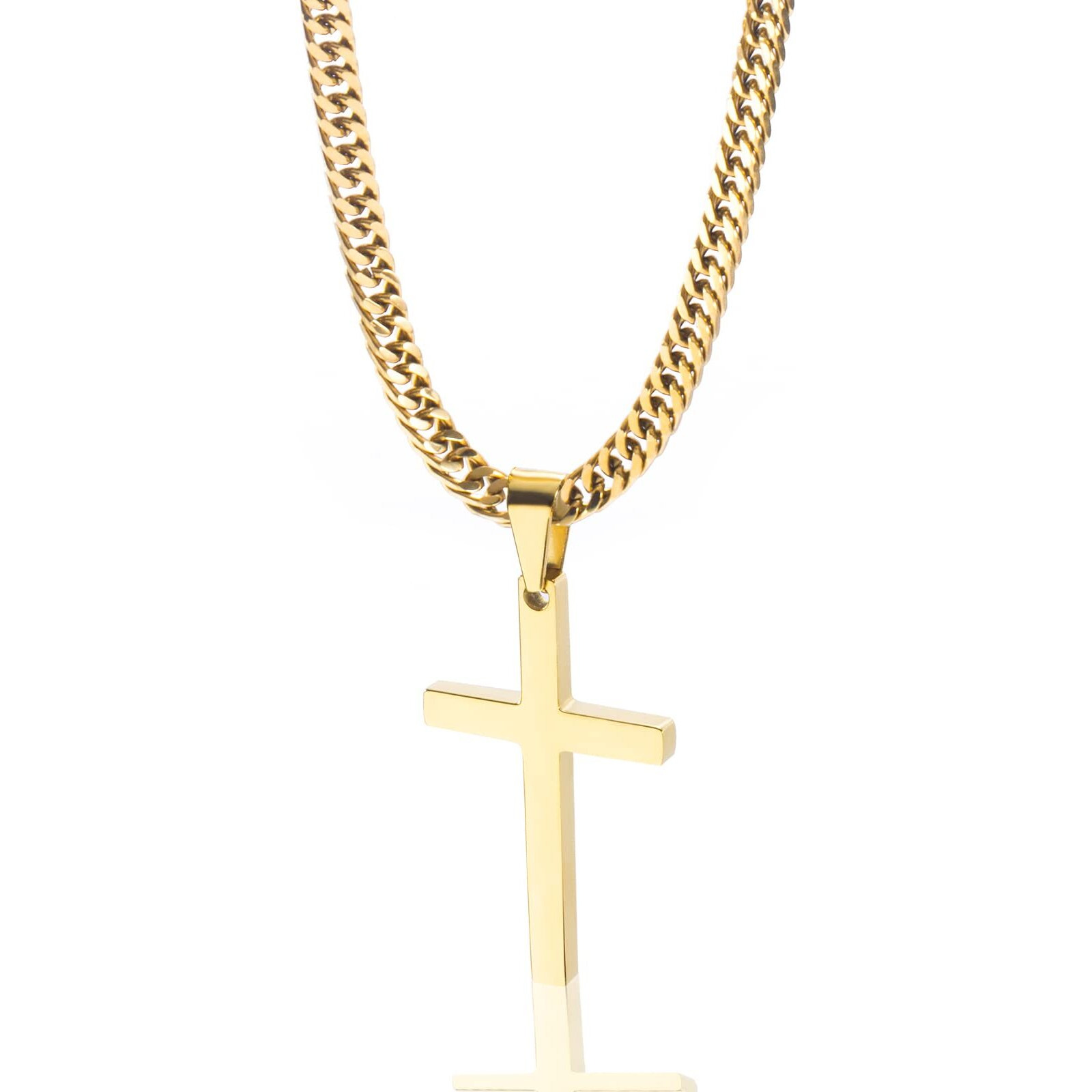 Tuewut Cross Necklace For Men, Silver Gold Stainless Steel Plain Cross Pendant Necklace For Men Cuban Chain 18-26 Inch (16.0 Inches, Gold)