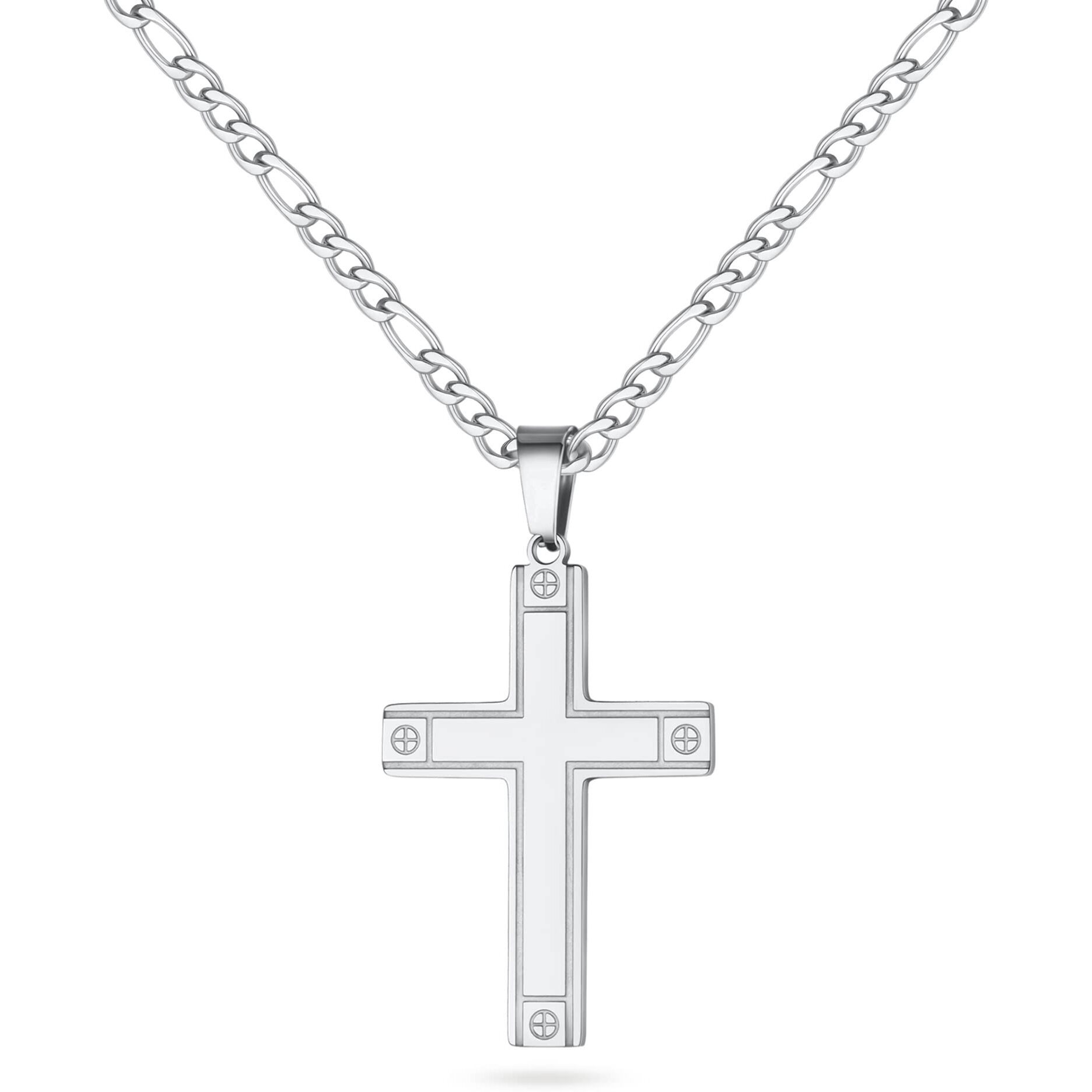 Silver Cross Necklace For Boys, Silver Cross Chain Pendant Necklaces For Boys Mens Cross Necklaces Silver Figaro Chains For Men Stainless Steel Cross Necklace For Boys Birthday Gifts For Men 16 Inch