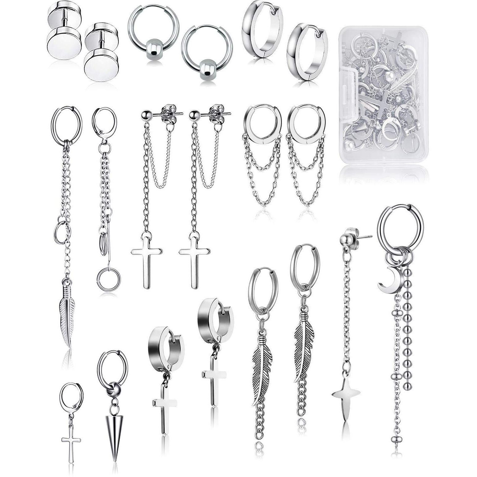 Fifata 20 Pieces Chain Hoop Earrings Moon And Star Drop Earrings Cross Stainless Steel Hinged Pendant Eboy Earrings For Men Women
